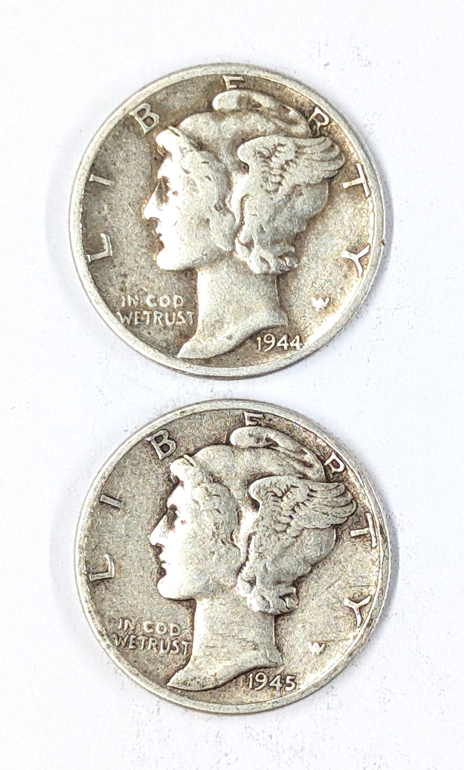 Lot of 2 Silver Mercury Dimes- 1944,1945: Silver