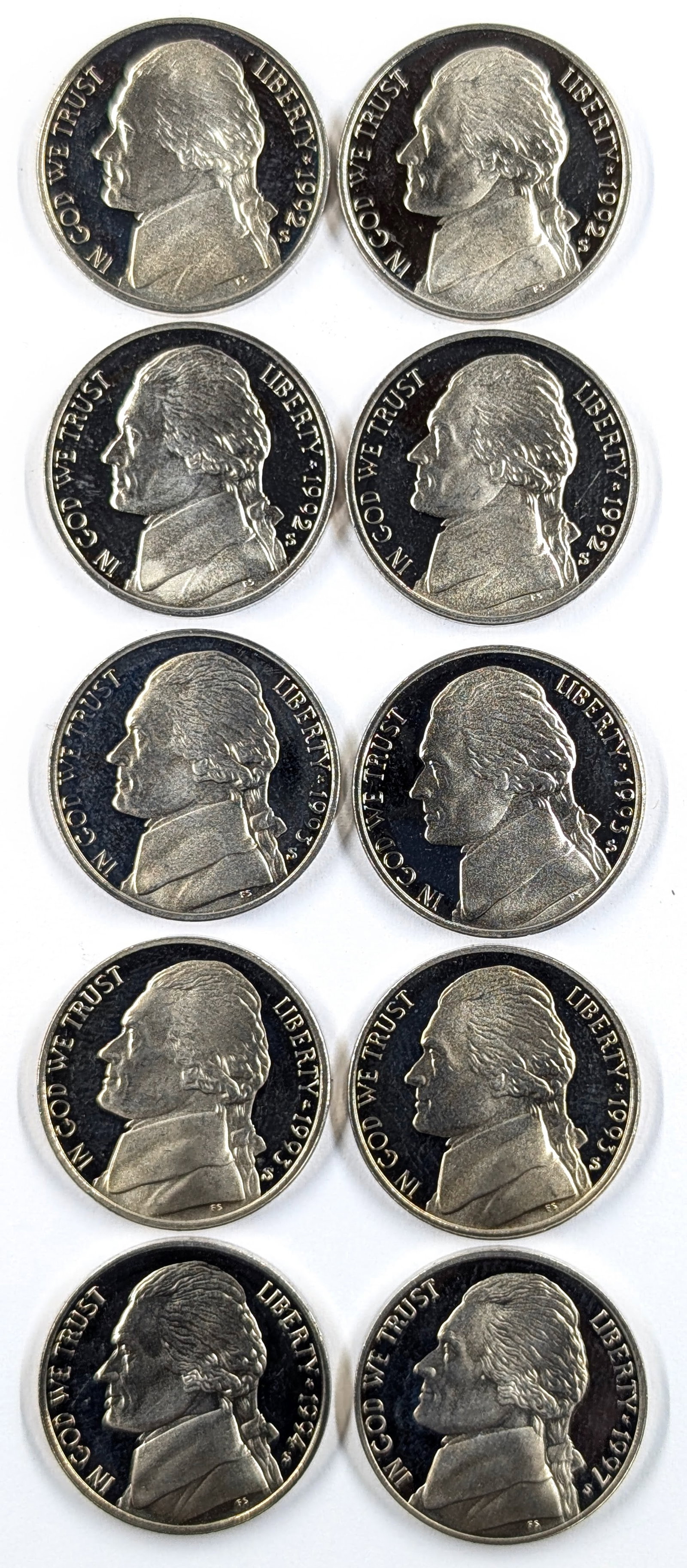 Lot of 10 Jefferson Nickels- 1992-1997- Proofs: Coin