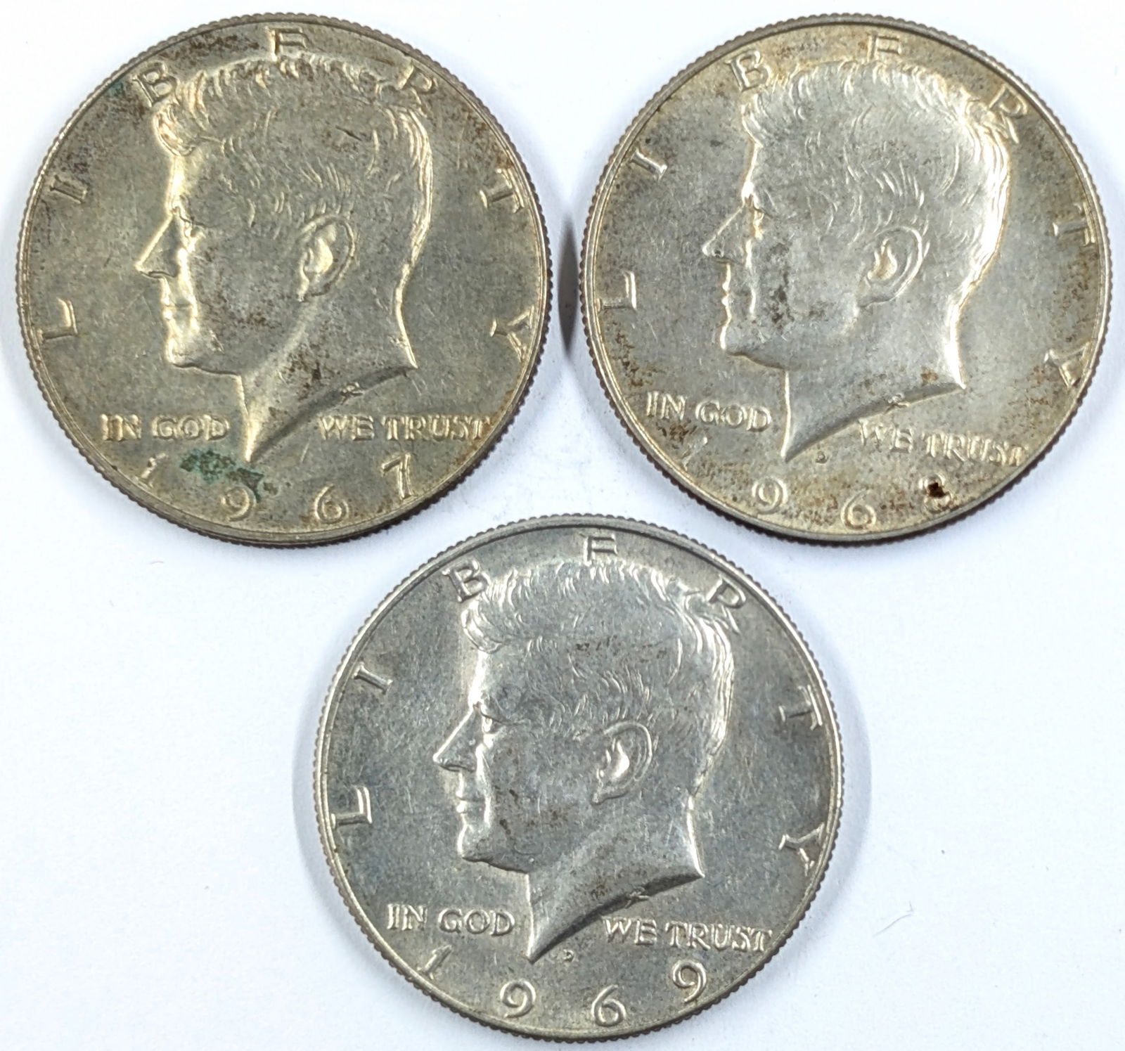 Lot of 3 Silver John F Kennedy Half Dollars - 1967, 1968-D, 1969-D (1 of 2)
