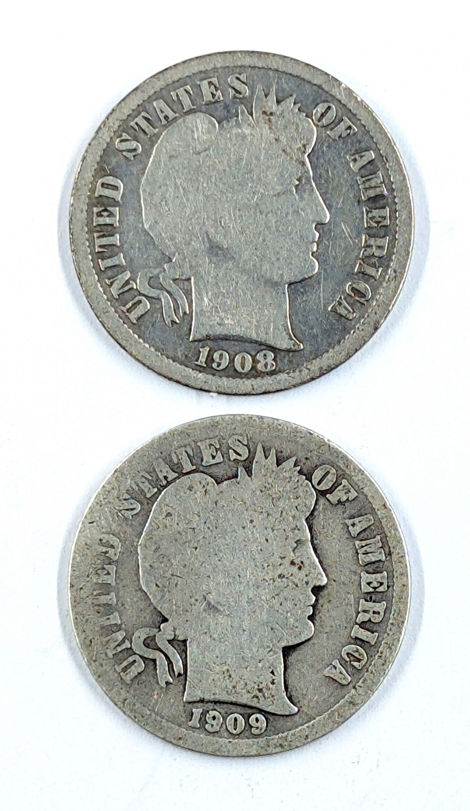 Lot of 2 Silver Barber Dimes - 1908-D, 1909 (1 of 2)