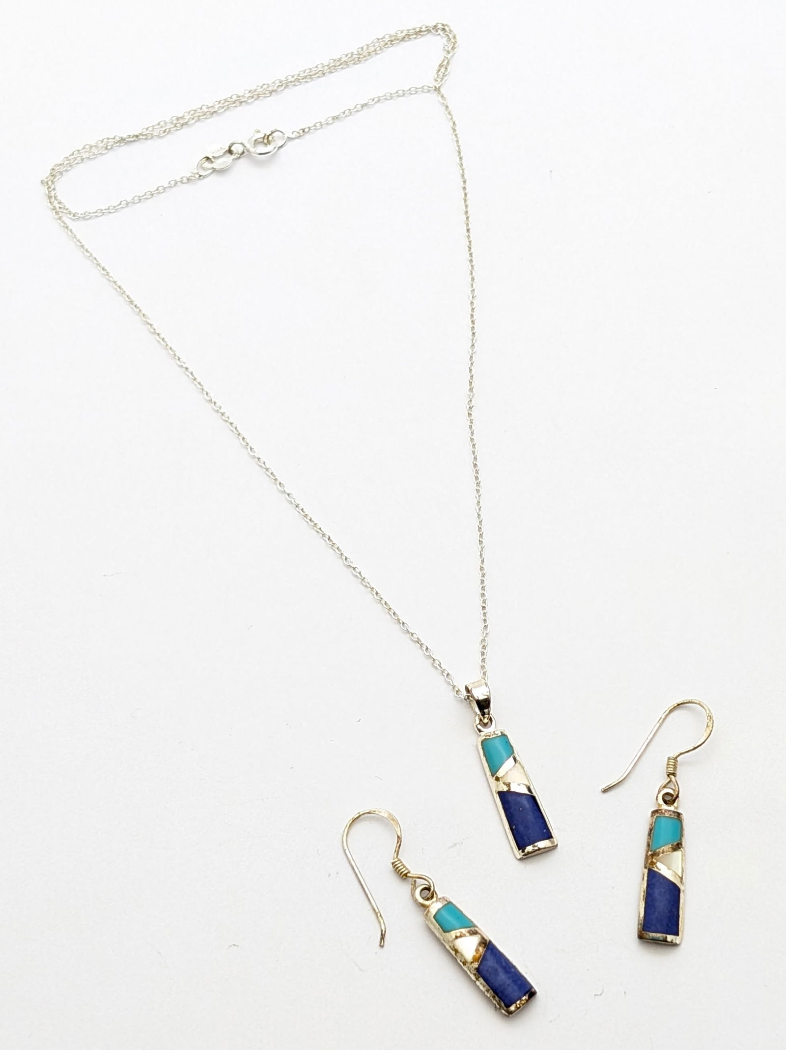 Sterling Silver Inlaid Blue Stones Ladies Necklace and Earrings Set: Length: 18in