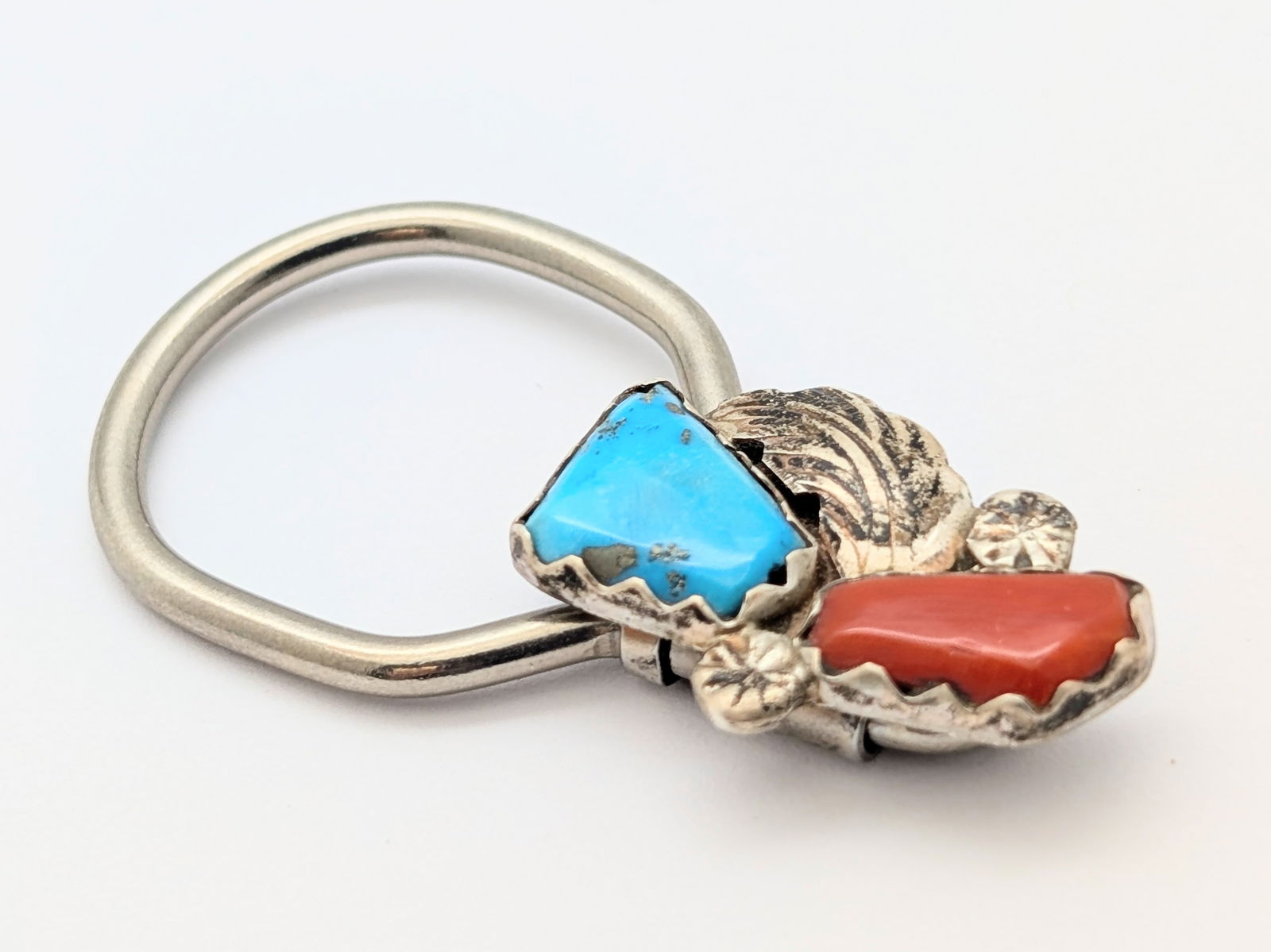 Sterling Silver Turquoise and Red Coral Stones Keychain (1 of 4)