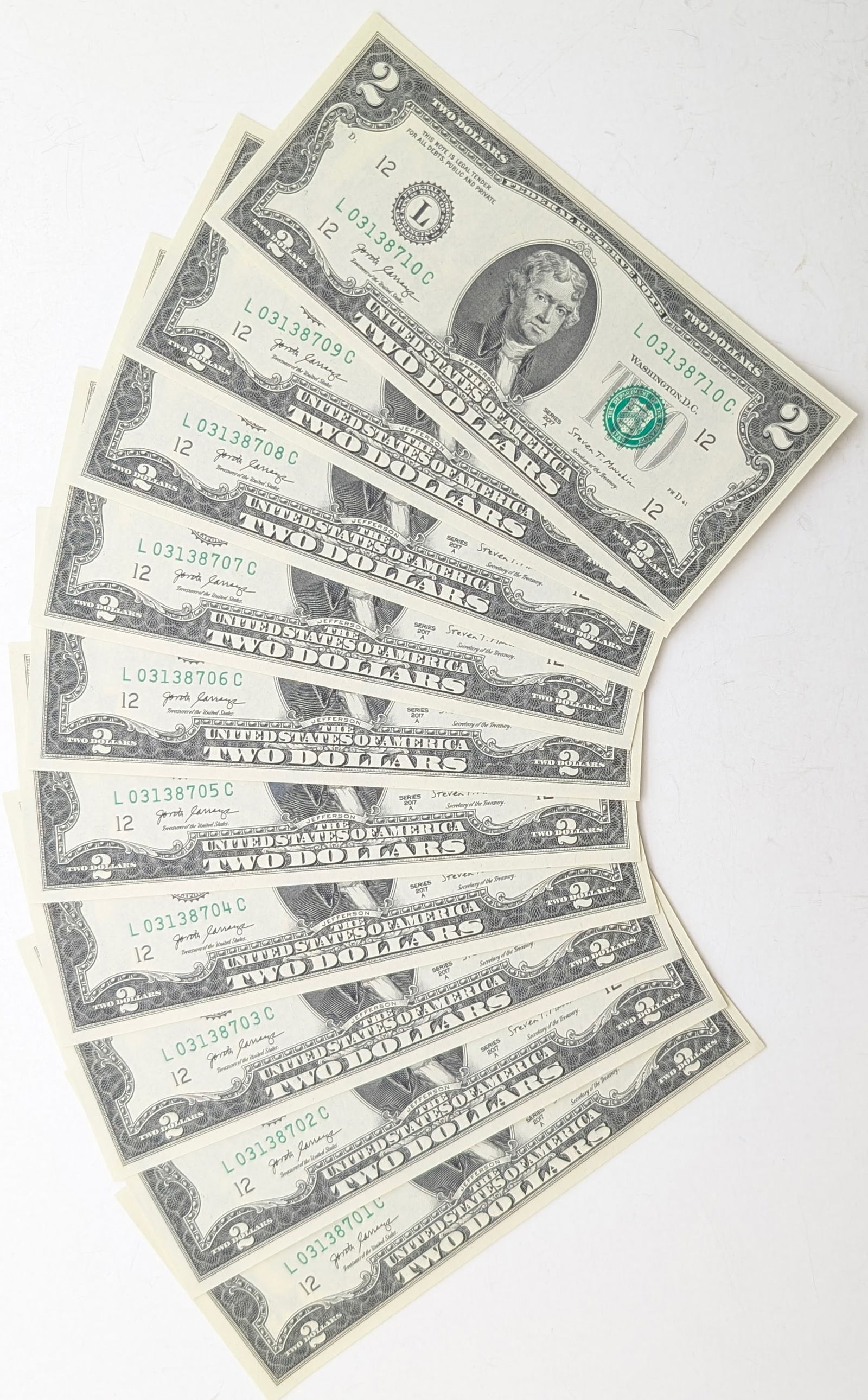 Lot of 10 Sequential Uncirculated $2 Notes - Green Seals (1 of 2)