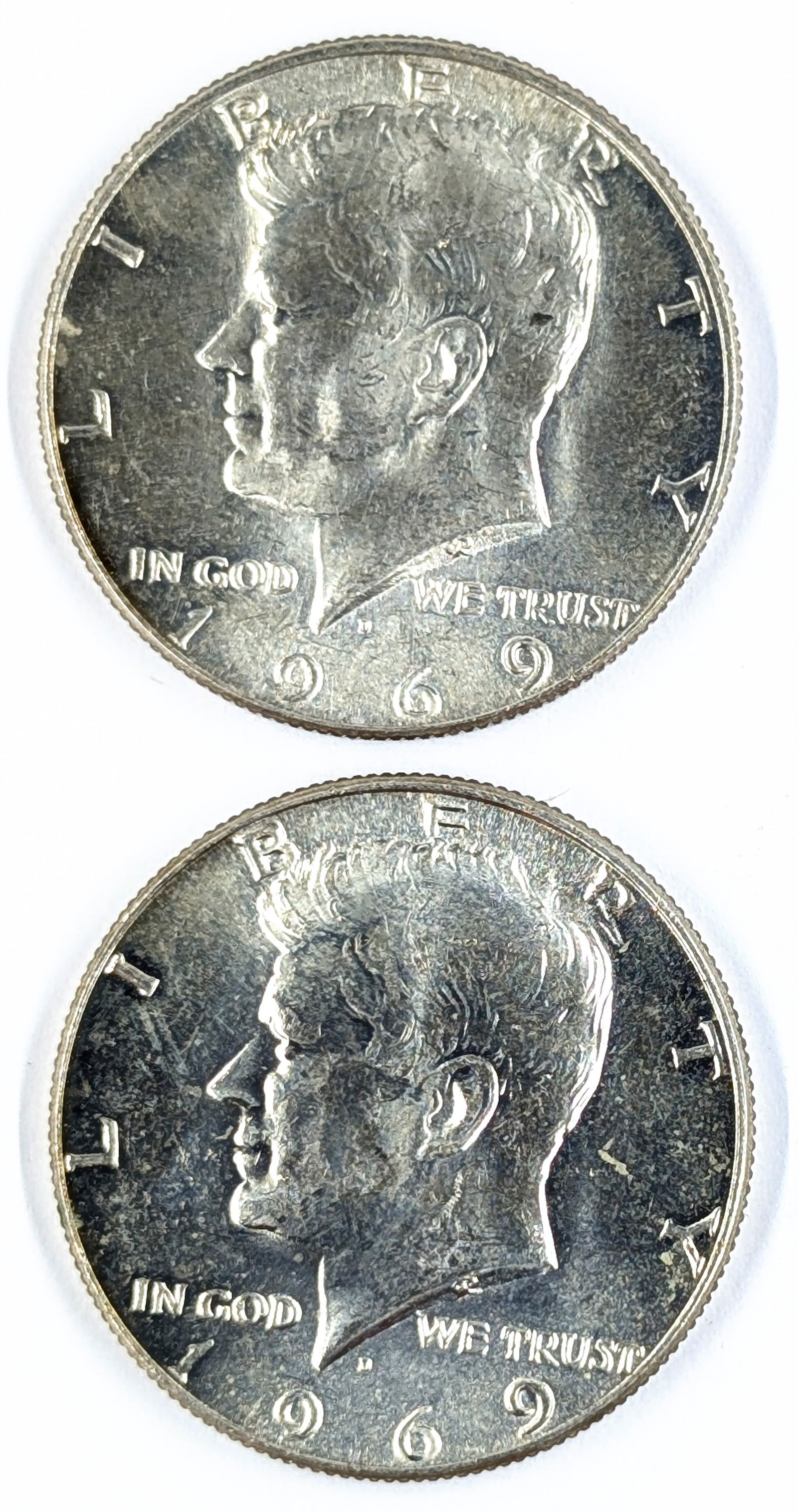 Lot of 2 Silver Uncirculated John F Kennedy Half Dollars - Both 1969-D (1 of 2)