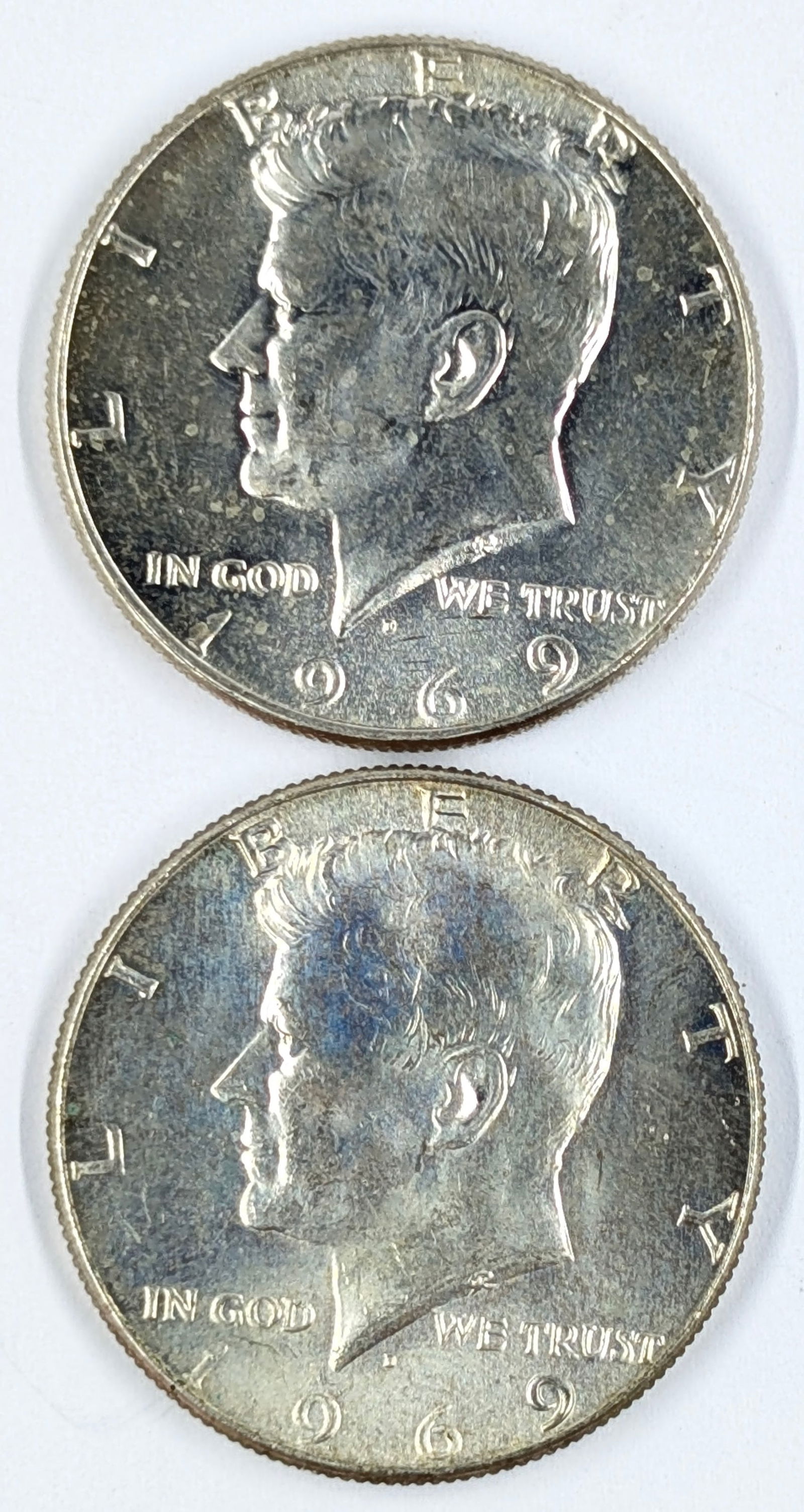 Lot of 2 Silver Uncirculated John F Kennedy Half Dollars - Both 1969-D (1 of 2)