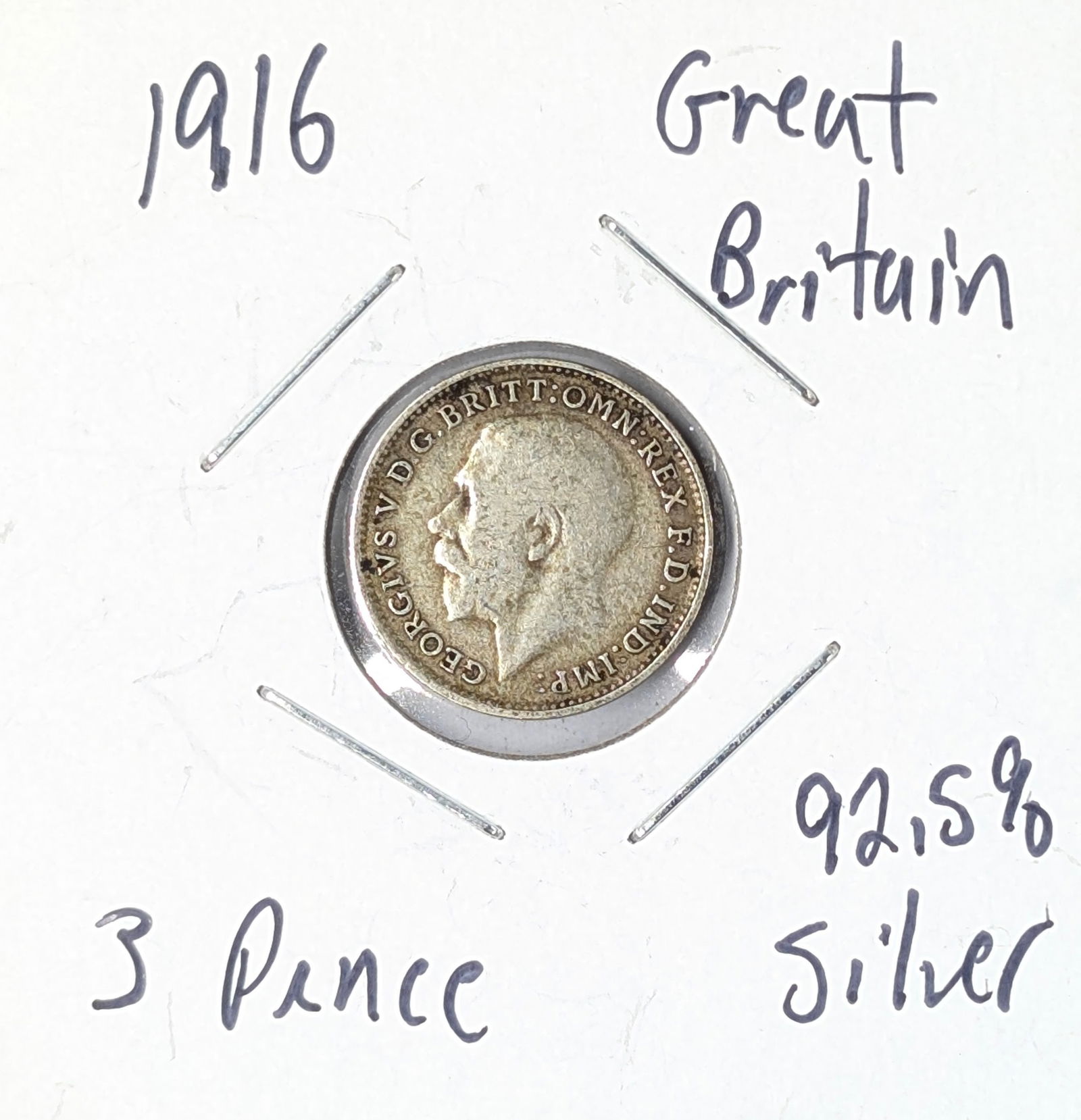 1916 Silver Great Britain Threepence: 92.5% Silver