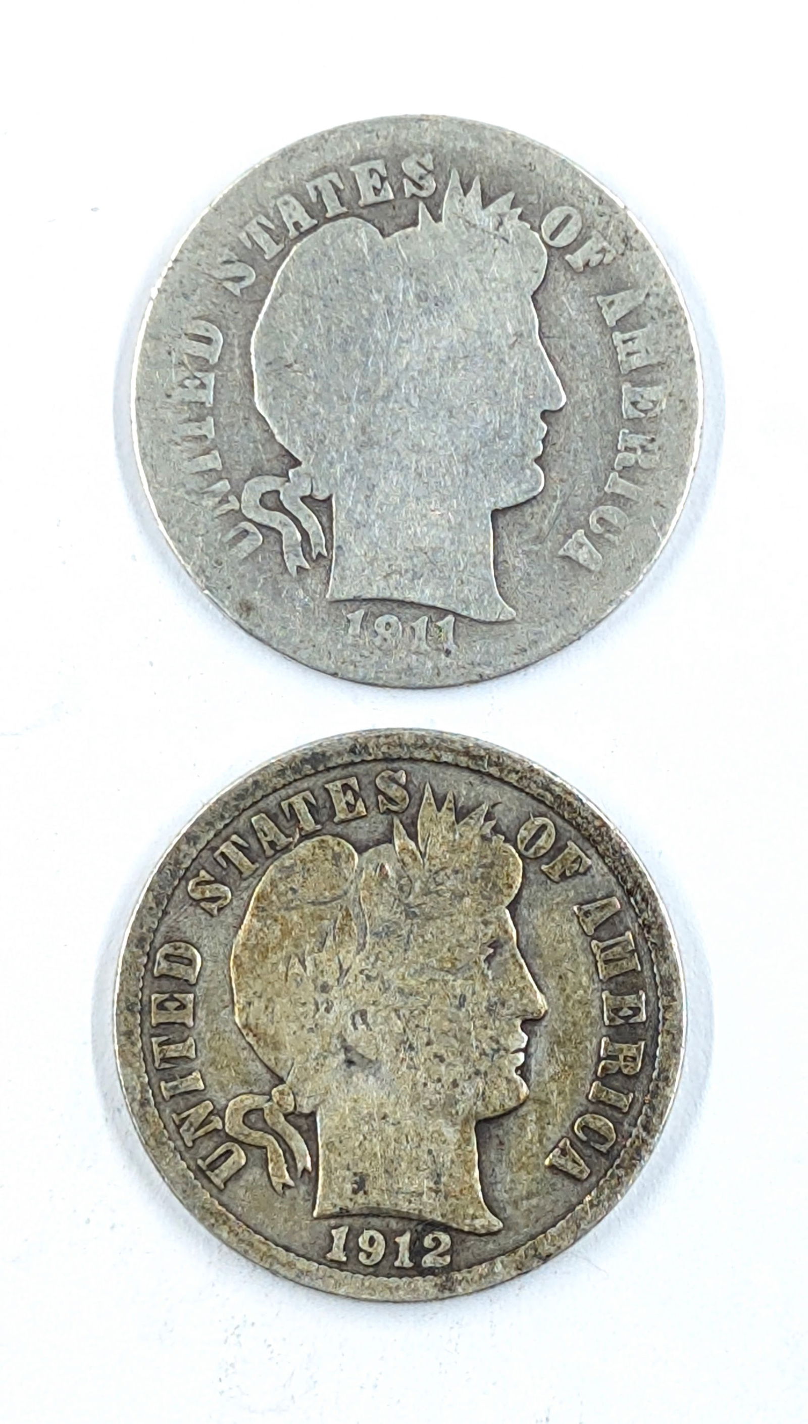 Lot of 2 Silver Barber Dimes - 1911-D, 1912 (1 of 2)