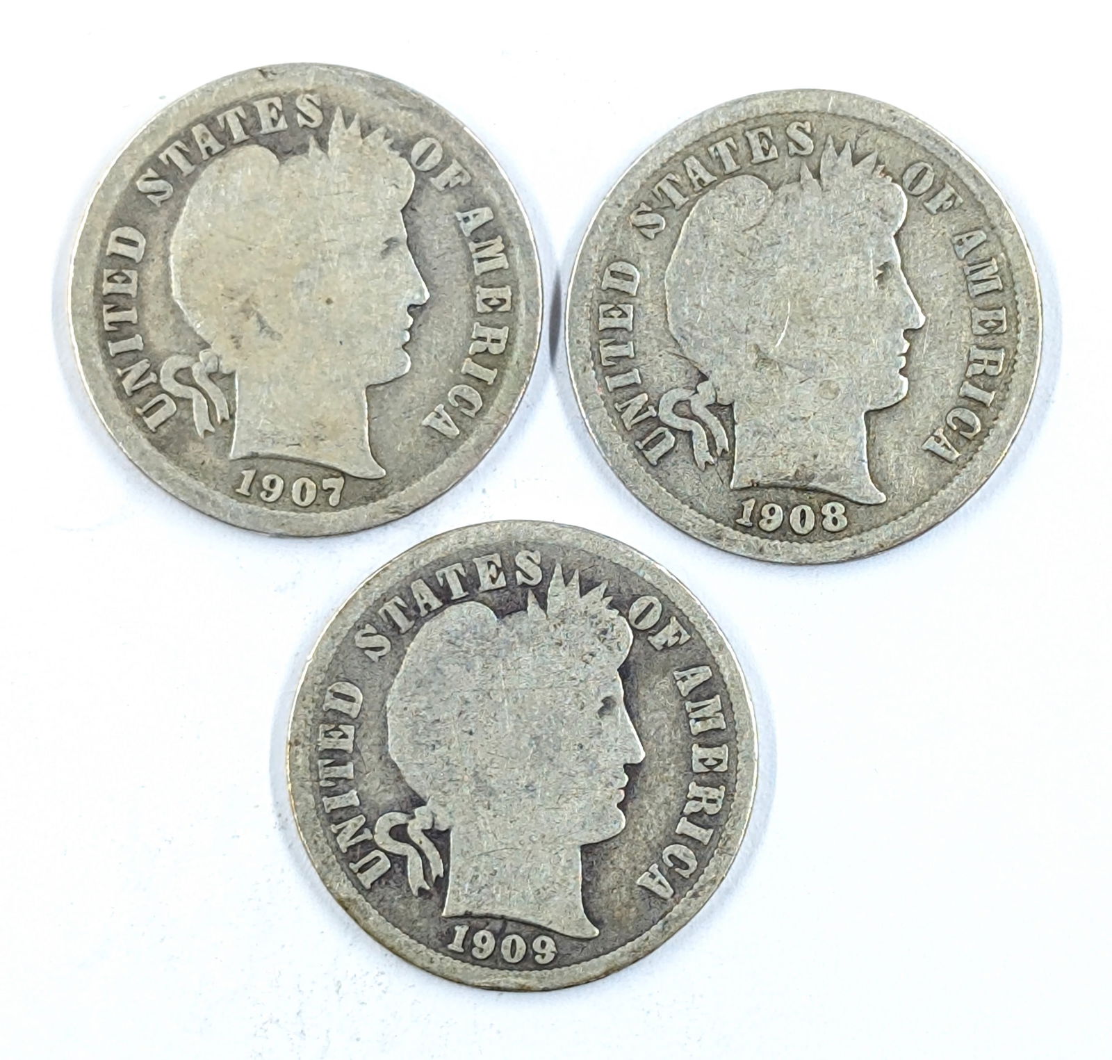 Lot of 3 Silver Barber Dimes - 1907-O, 1908-D, 1909-S (1 of 2)