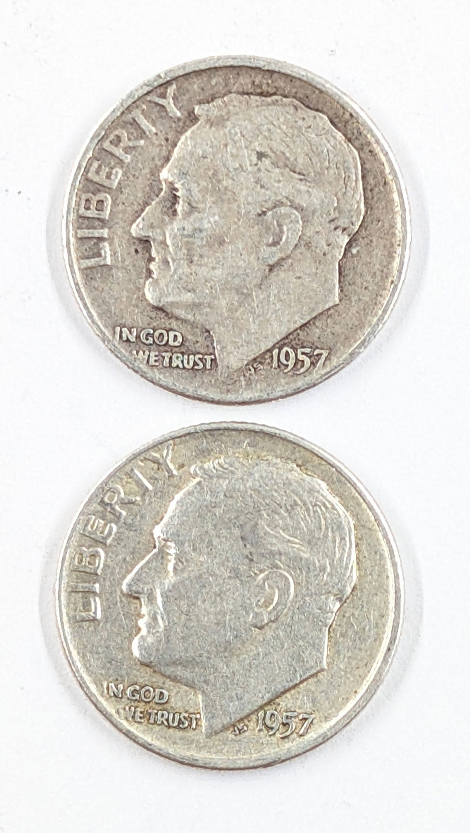 Lot of 2 Silver Roosevelt Dimes - Both 1957-D: Silver 