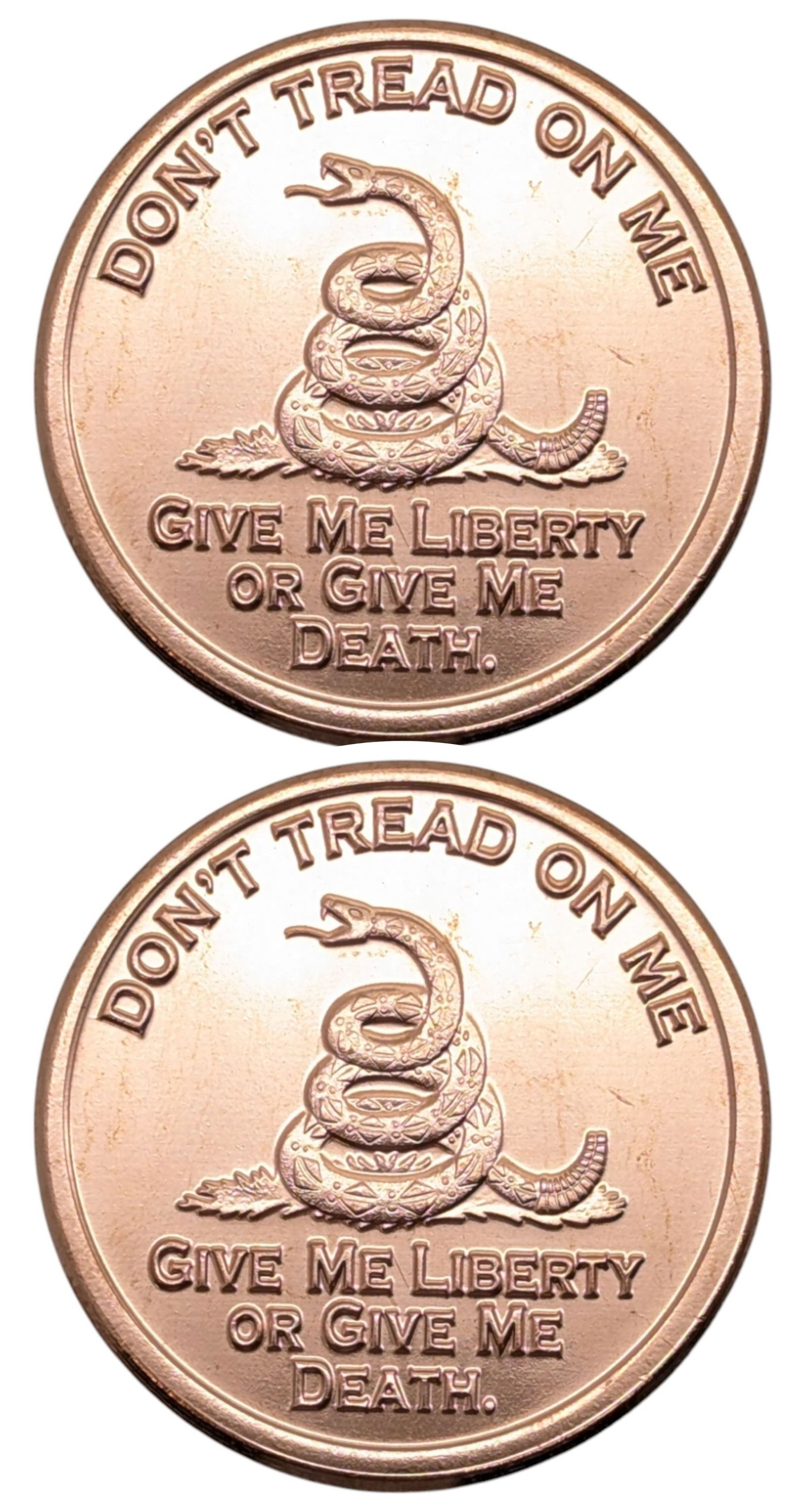 Lot of 2 - 1 Ounce (each) Fine .999 Copper Rounds - Don't Tread on Me: Copper