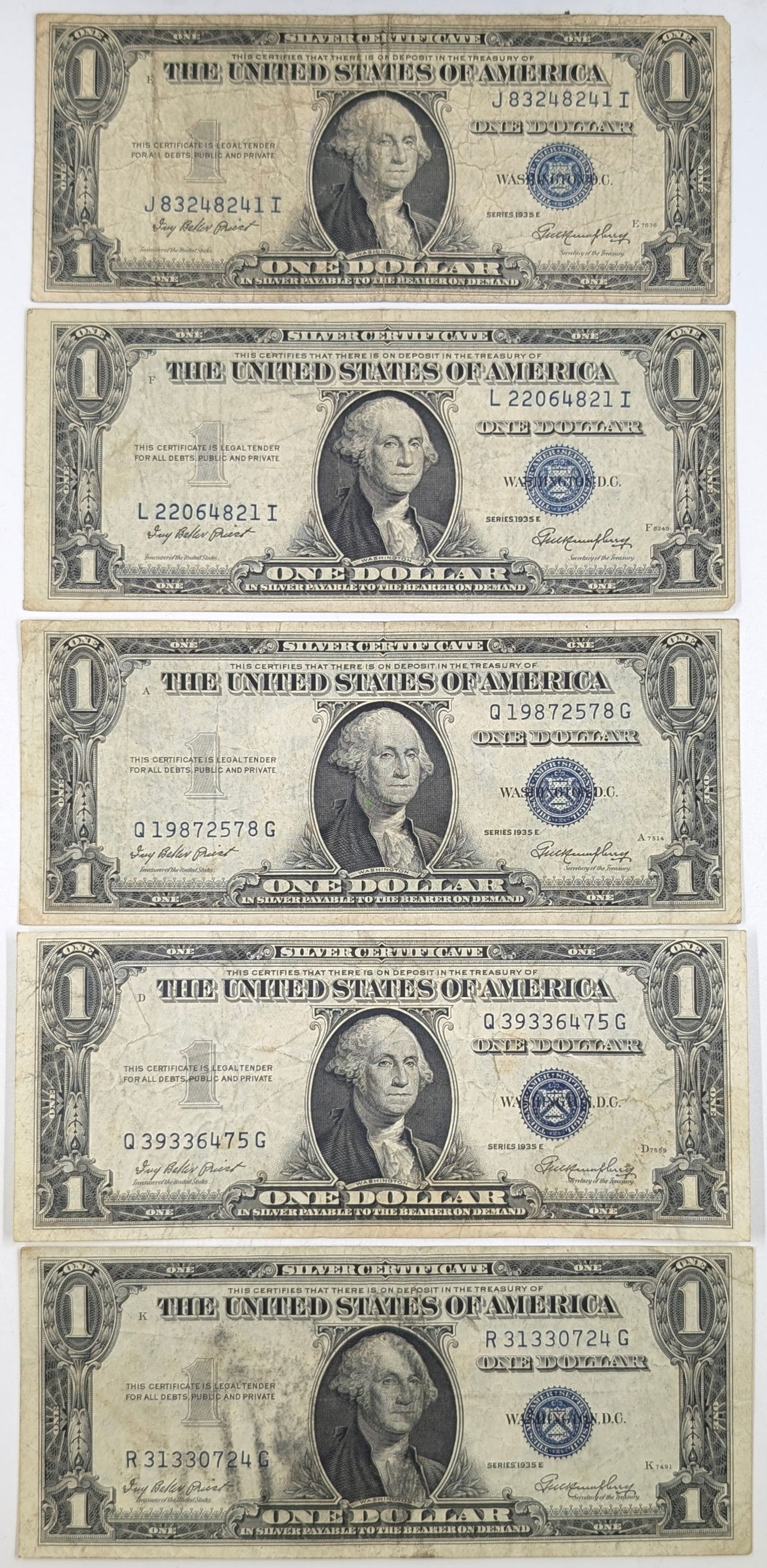 Lot of 5 - 1935-E $1 Notes - Silver Certificates (1 of 2)