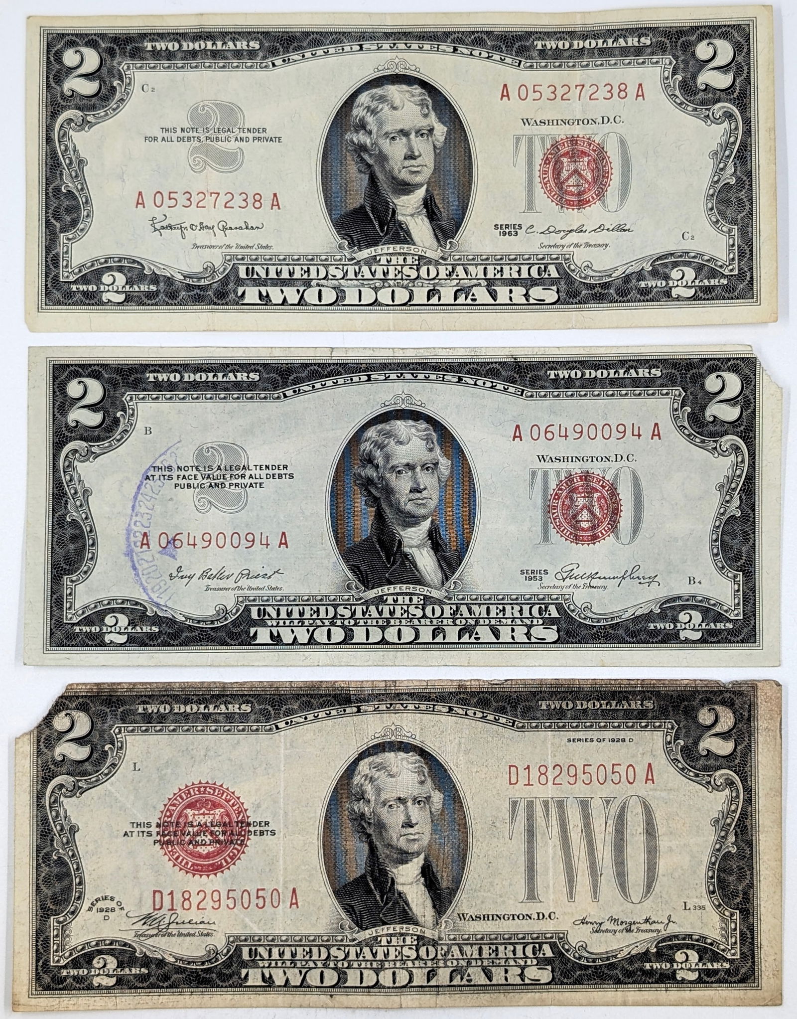 Lot of 3 - $2 Notes - Red Seals - 1928-D, 1953, 1963 (1 of 2)