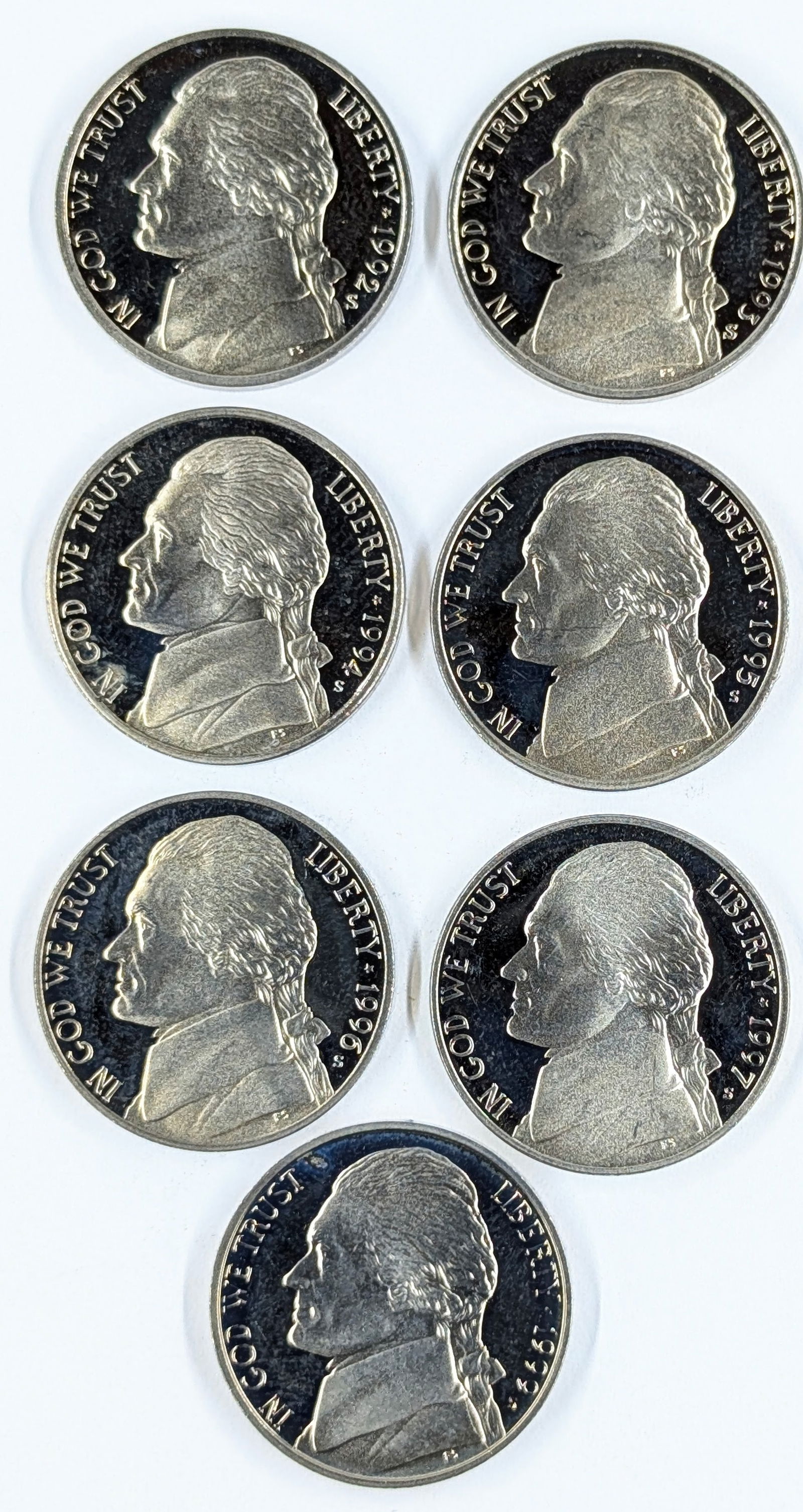 Lot of 7 Proof Jefferson Nickels - 1992-1999 (1 of 2)