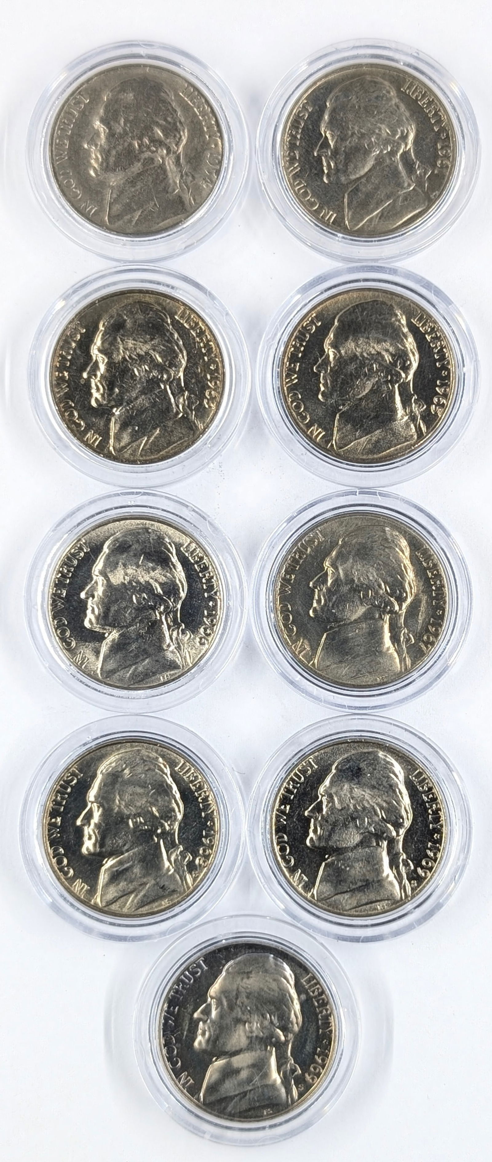 Lot of 9 Uncirculated Jefferson Nickels - 1954-1969 (1 of 2)