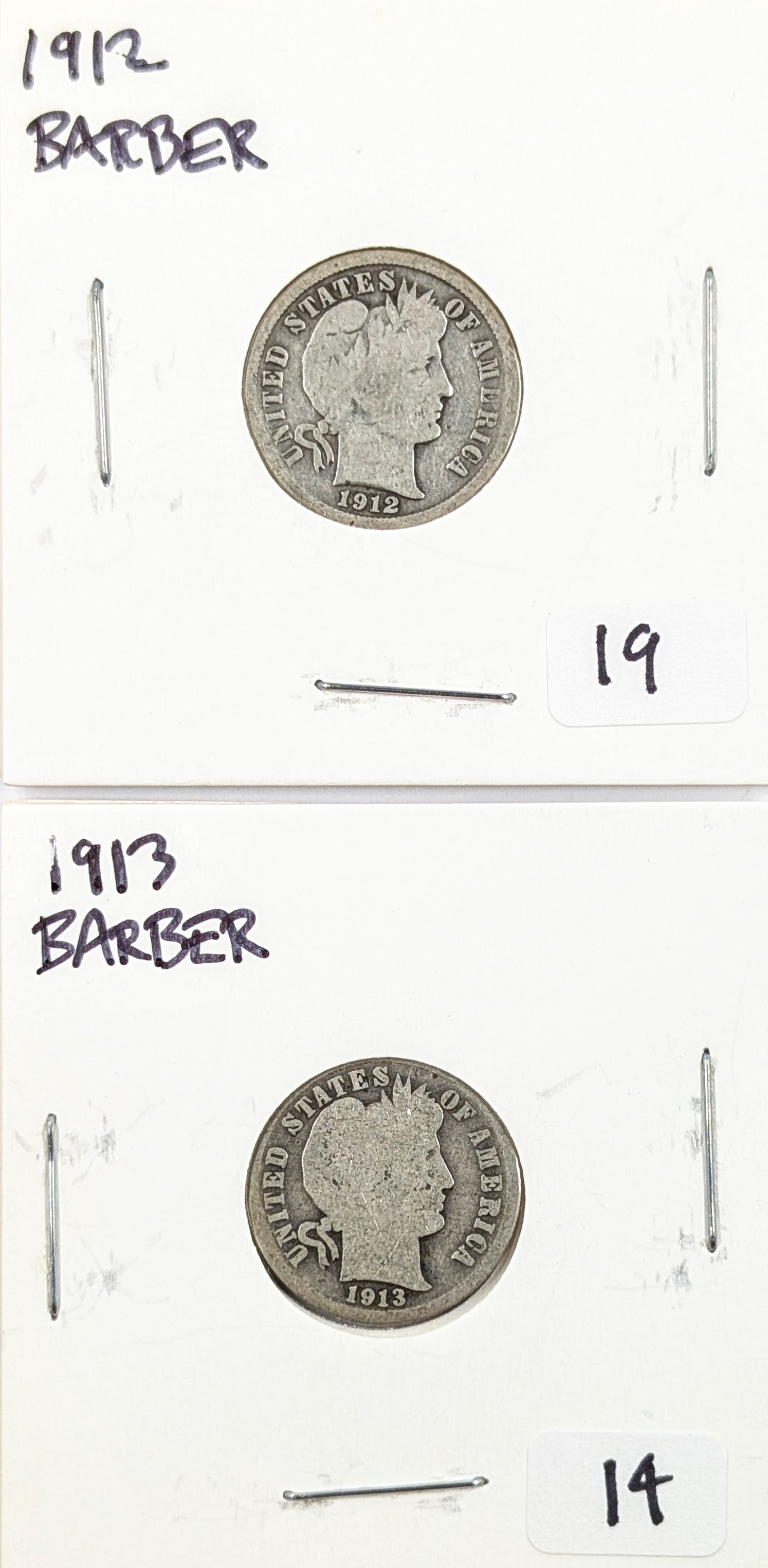 Lot of 2 Silver Barber Dime- 1912, 1913 (1 of 2)