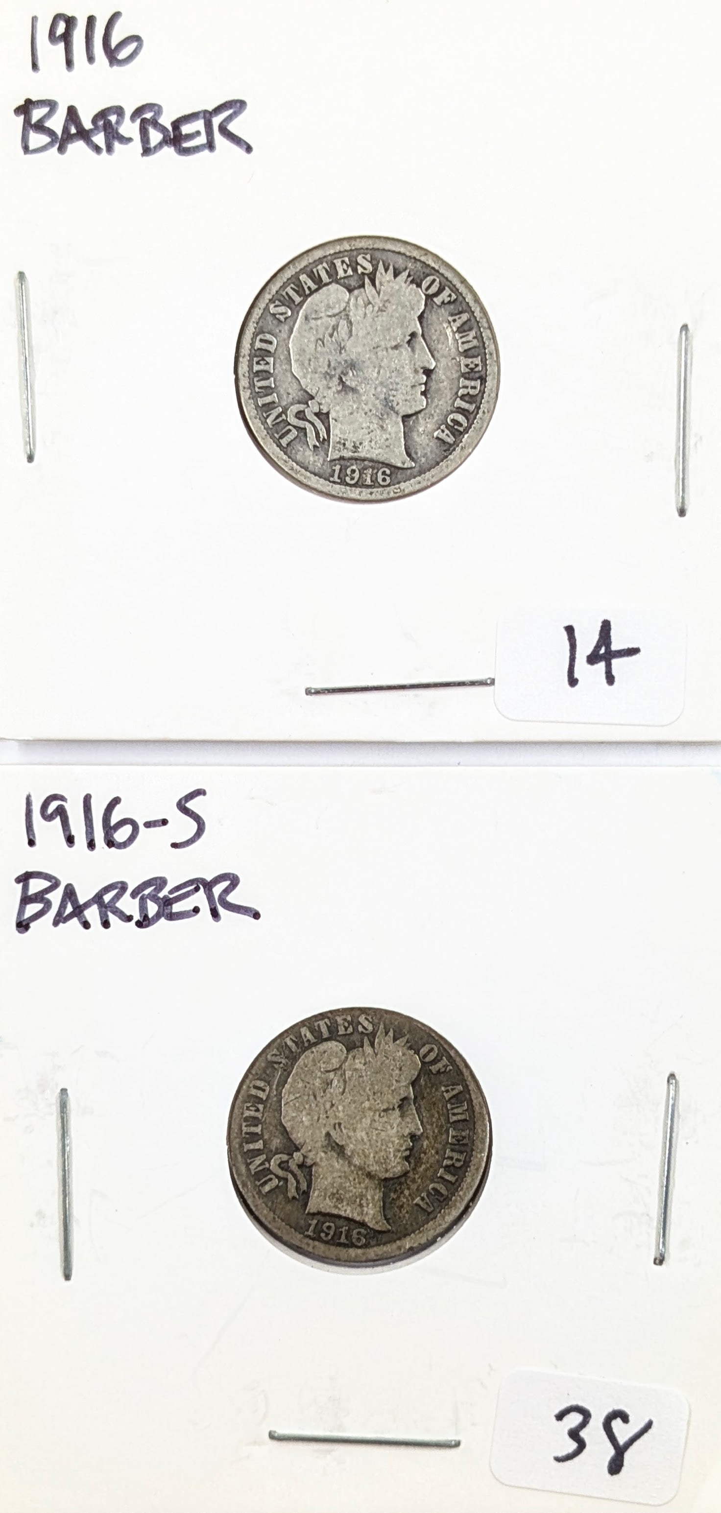 Lot of 2 Silver Barber Dime- 1916,1916-S (1 of 2)