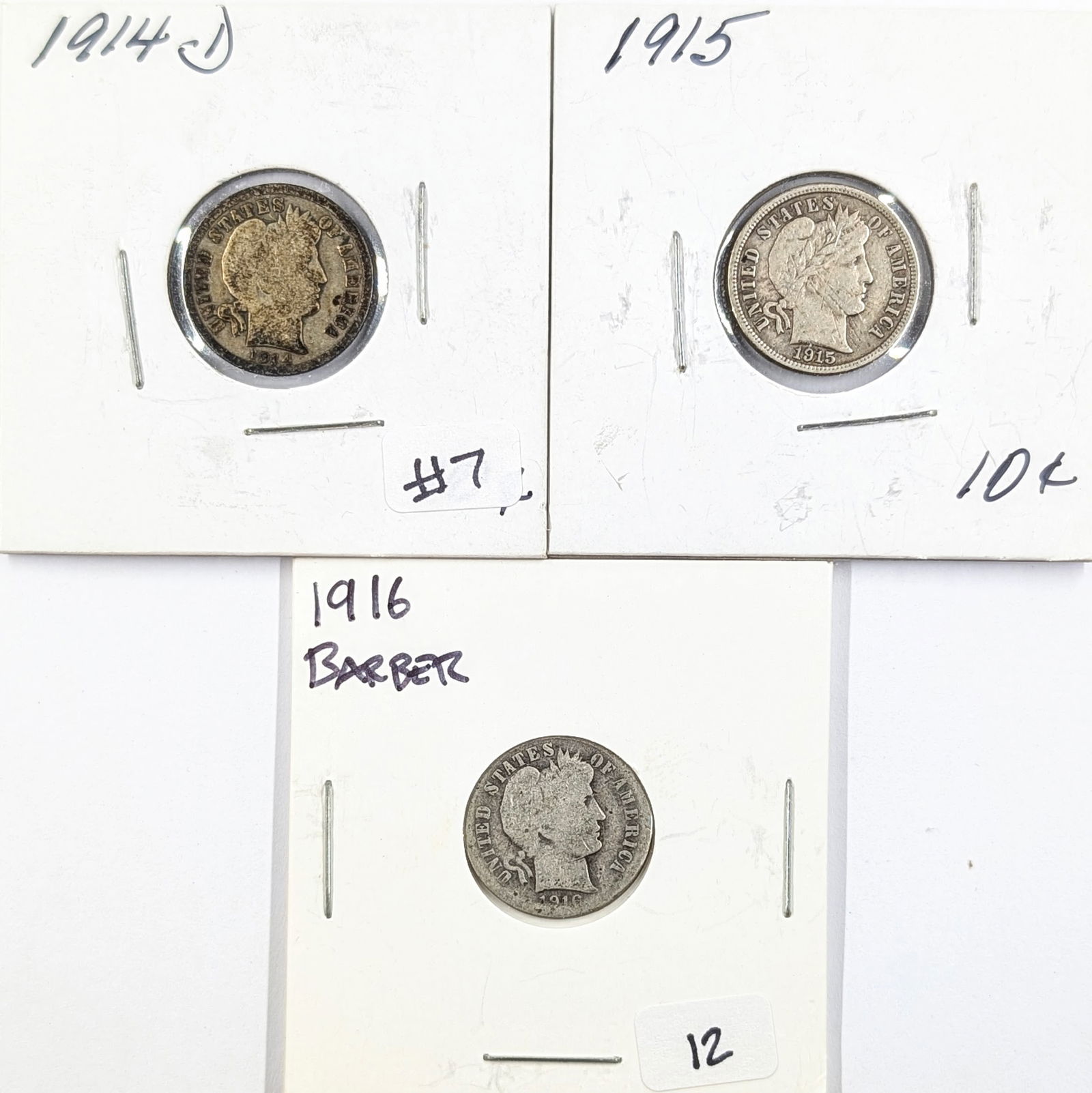 Lot of 3 Silver Barber Dime- 1914-D, 1915, 1916 (1 of 2)