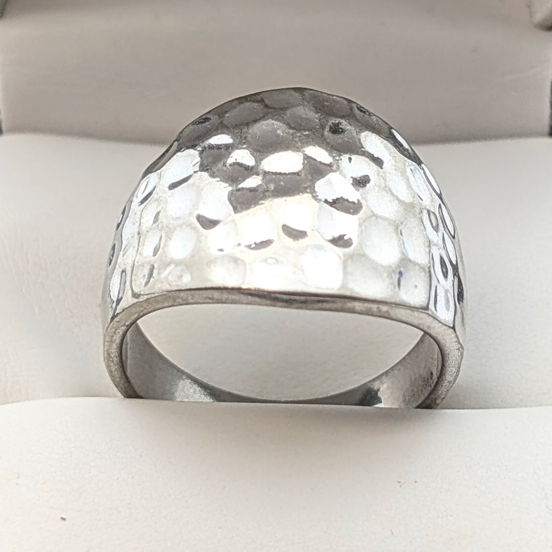Silver Toned Wide Hammered Dome Ring: Size 8.5