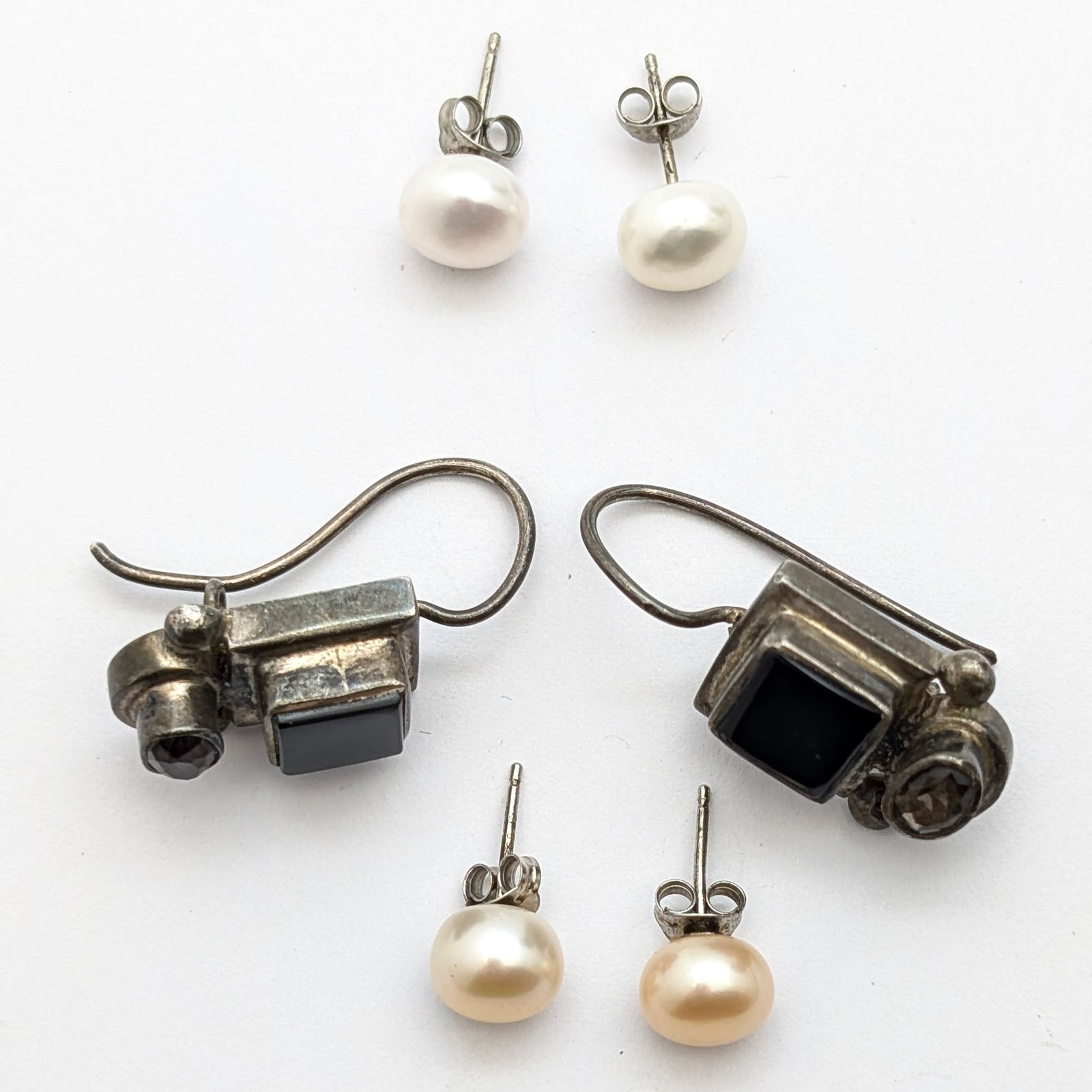 Lot of 3 Sterling Silver Ladies Earrings- Two Pearl Earring and One with Black Stone (1 of 6)