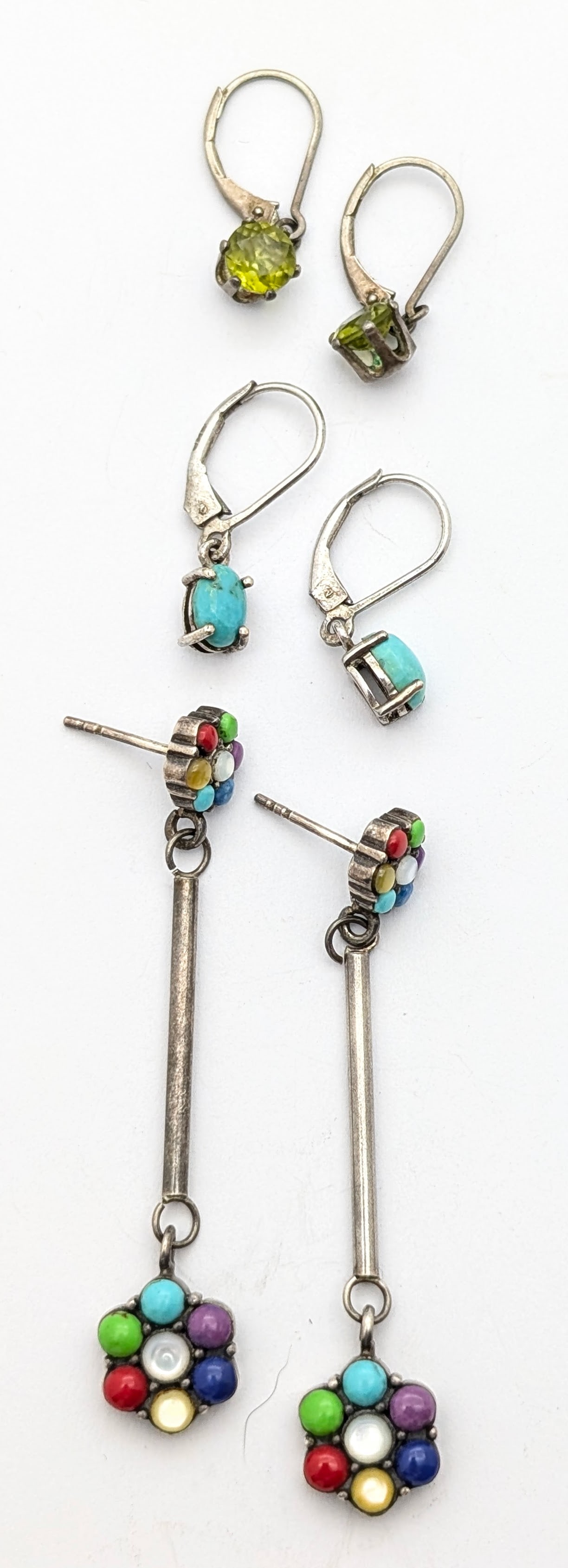 Lot of 3 Sterling Silver Ladies Earrings- Multi Color, Teal Stones, Green Stones (1 of 8)