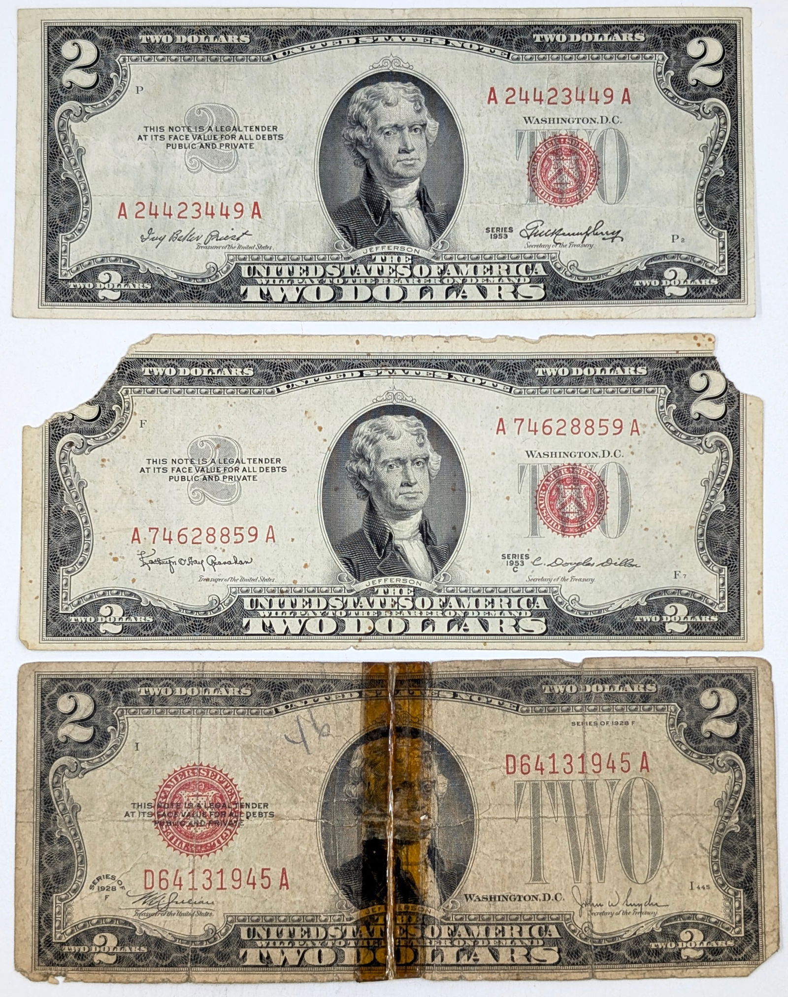 Lot of 3 1953 $2 Notes - Red Seal- Heavily Circulated (1 of 2)