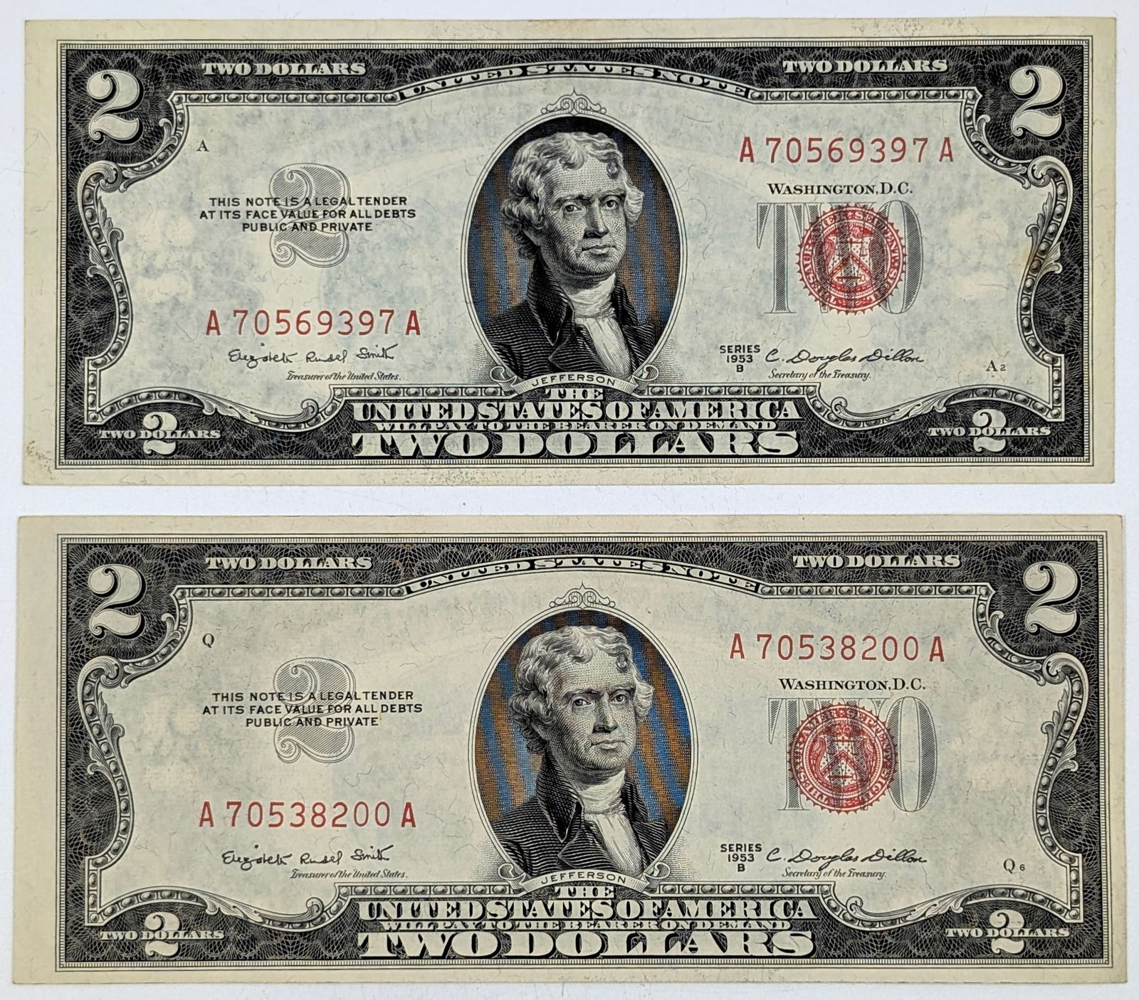Lot of 2 1953-B $2 Notes - Red Seal (1 of 2)