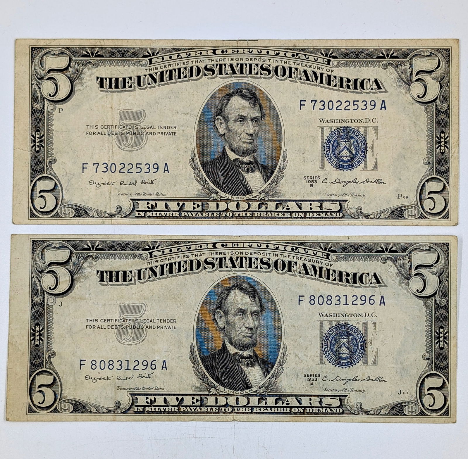 Lot of 2 1953-B $5 Notes - Silver Certificates (1 of 2)