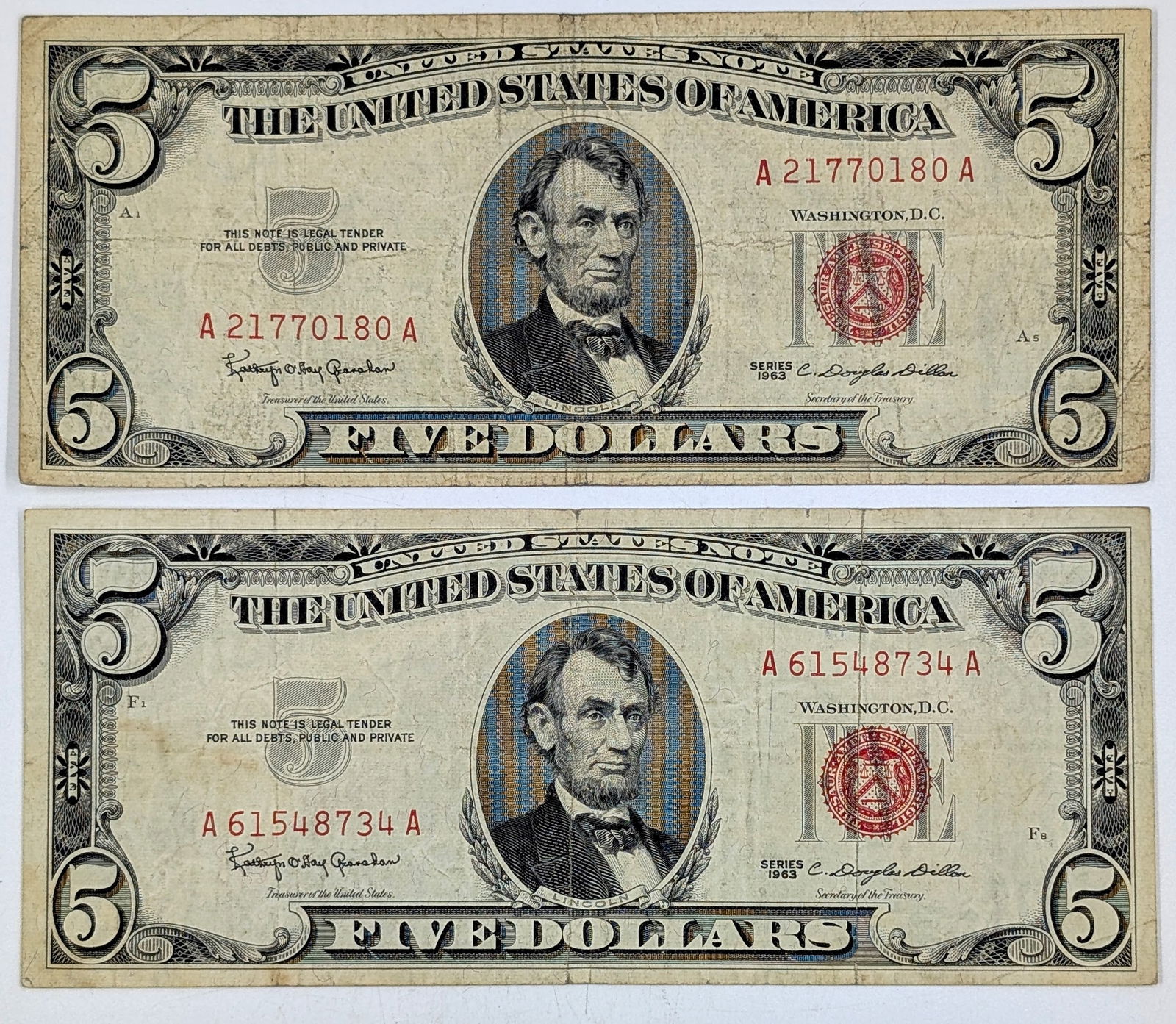 Lot of 2 1963 $5 Note - Red Seal (1 of 2)