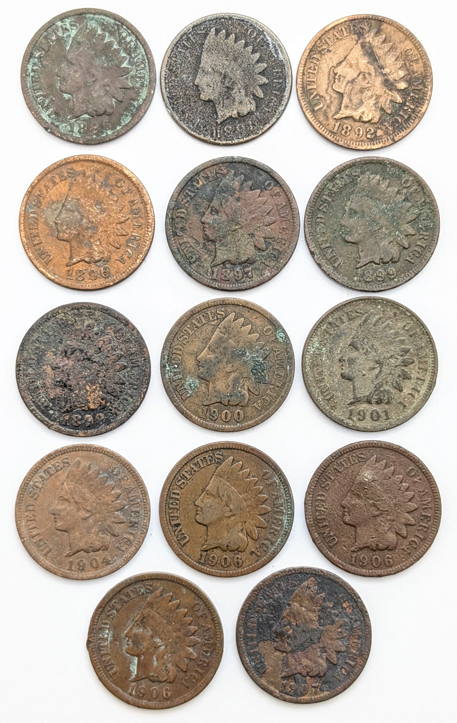 Lot of 14 Indian Head Cents-1886-1907 (1 of 2)