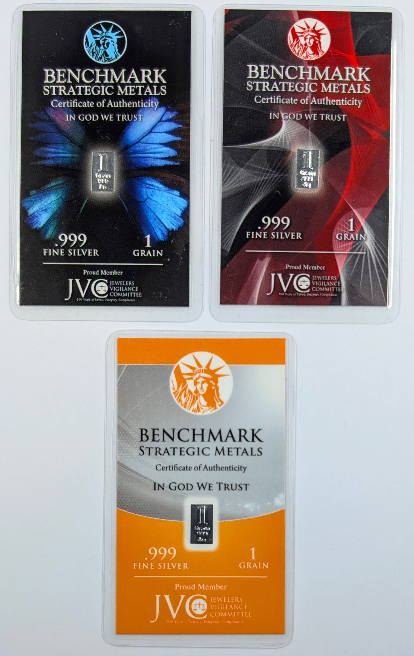 Lot of 3 - 1 Grain (each) .999 Silver Bars - Benchmark Strategic Metals (1 of 2)