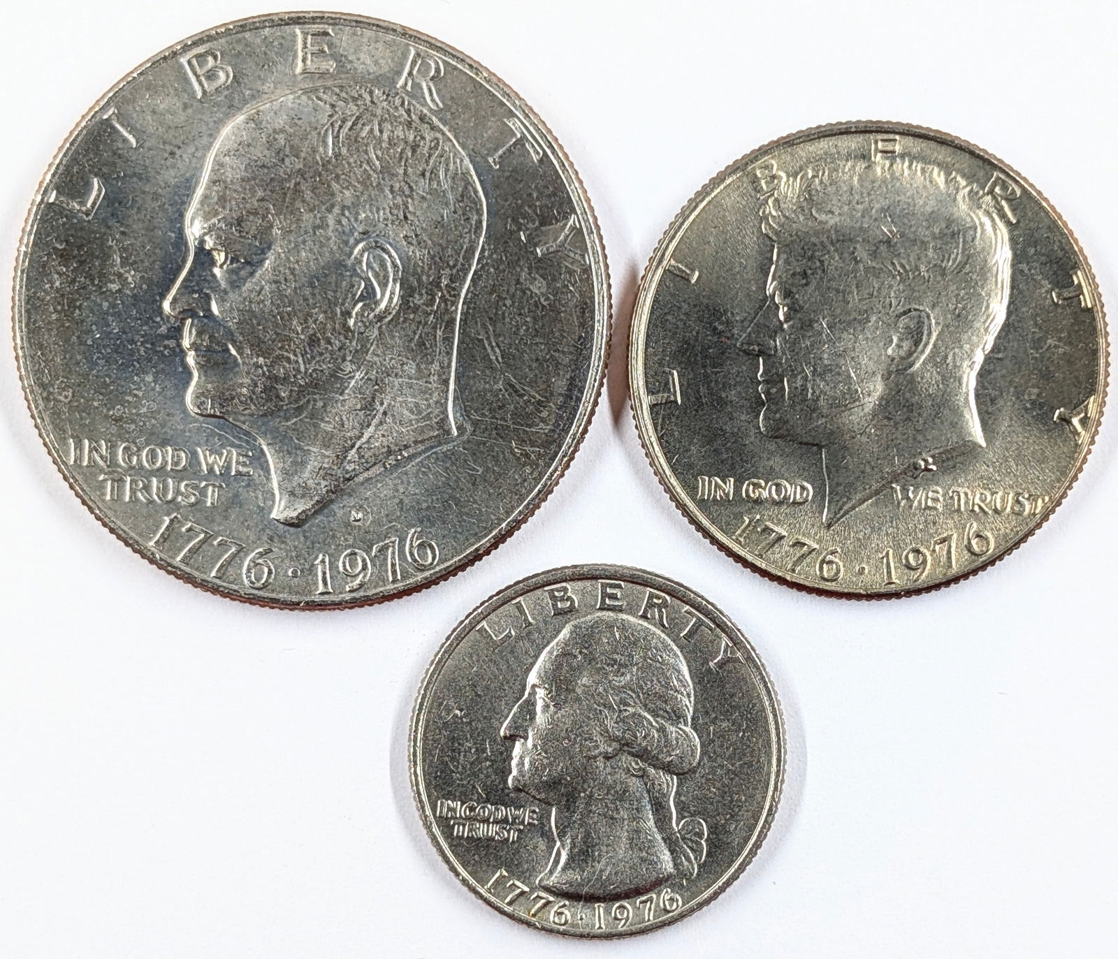 Lot of 3 1776-1976 Commemorative Coins- Eisenhower, Dollar JFK Half Dollar, Quarter (1 of 2)