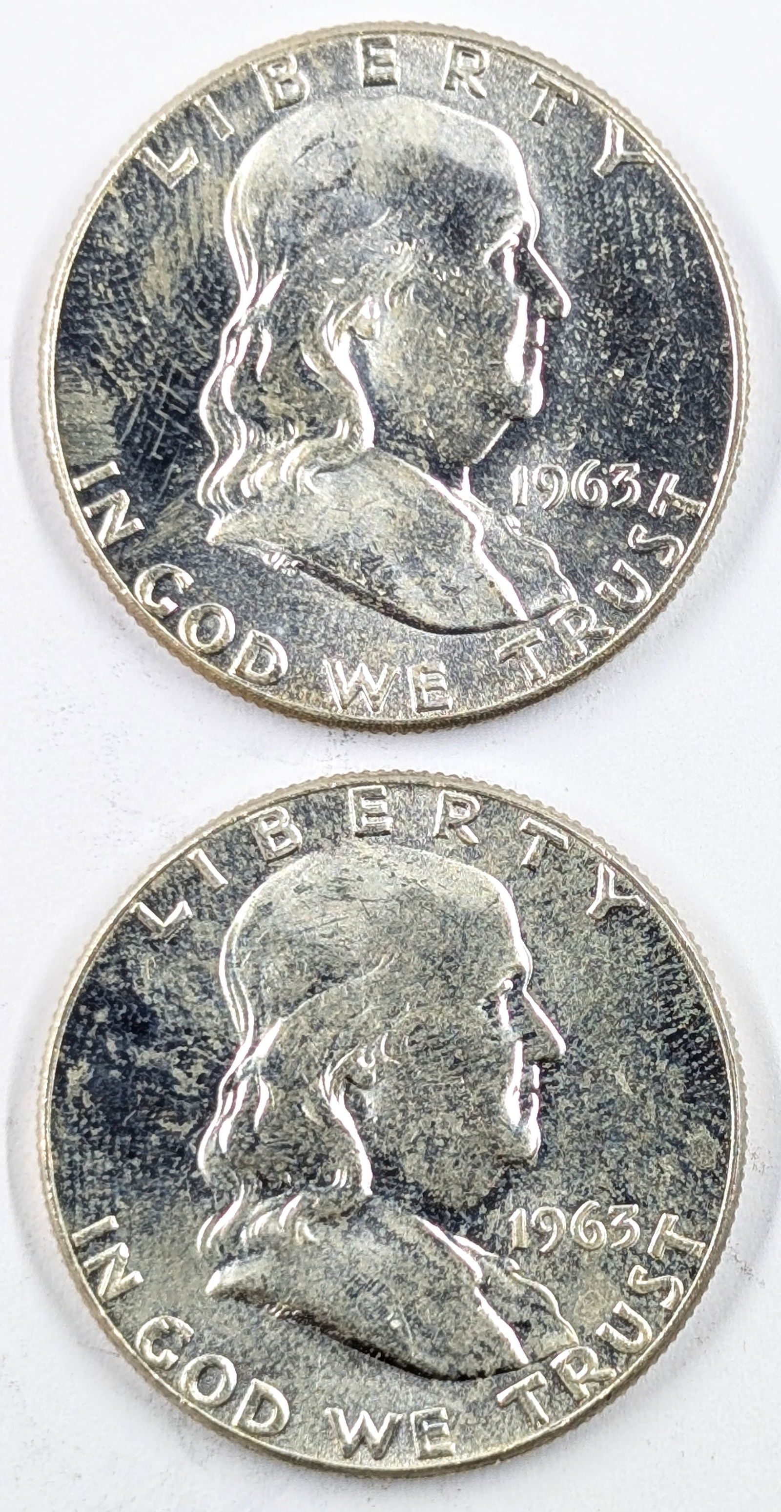 Lot of 2 Silver Franklin Half Dollars- Both 1963 (1 of 2)