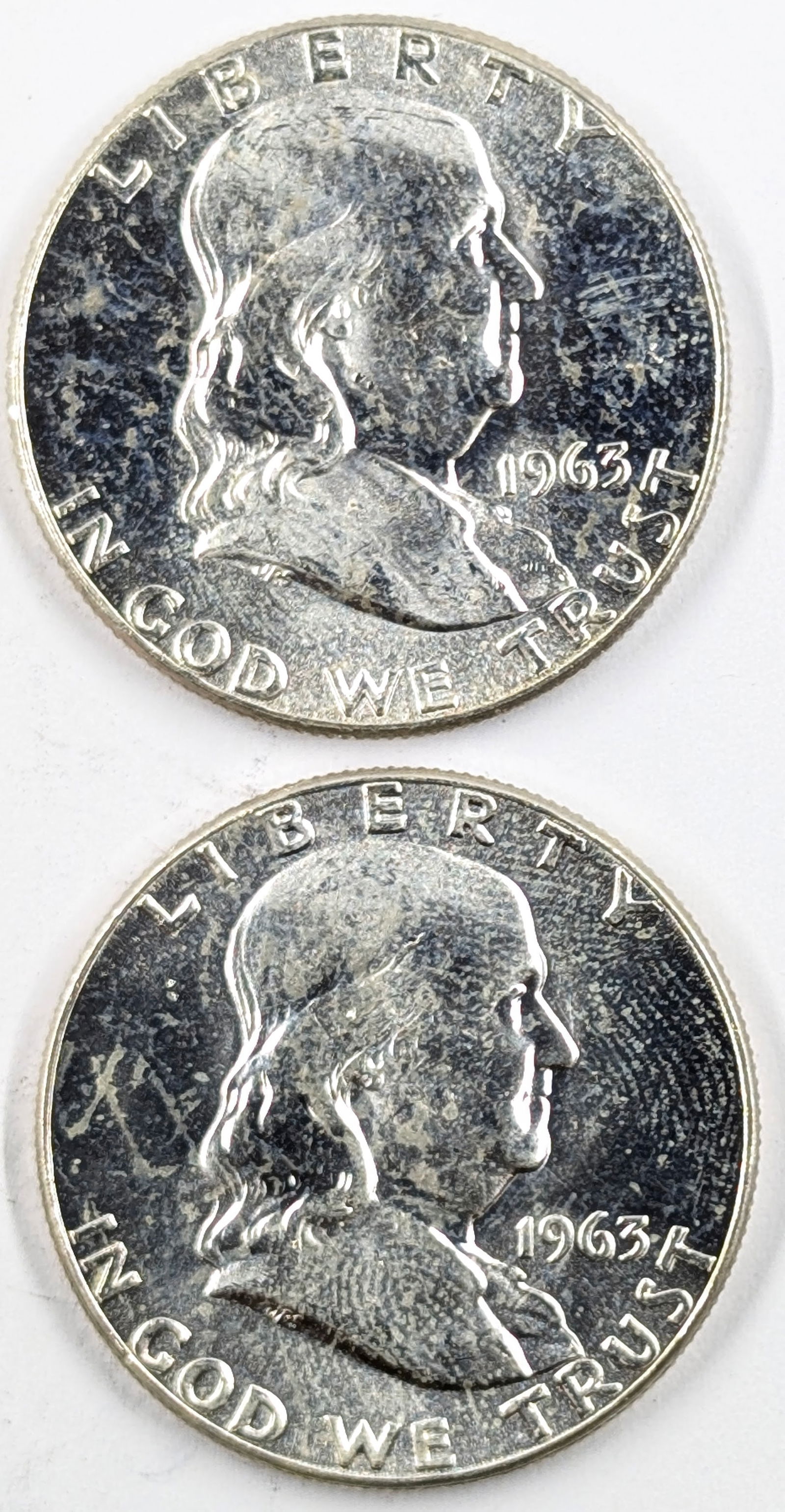 Lot of 2 Silver Franklin Half Dollars- Both 1963 (1 of 2)