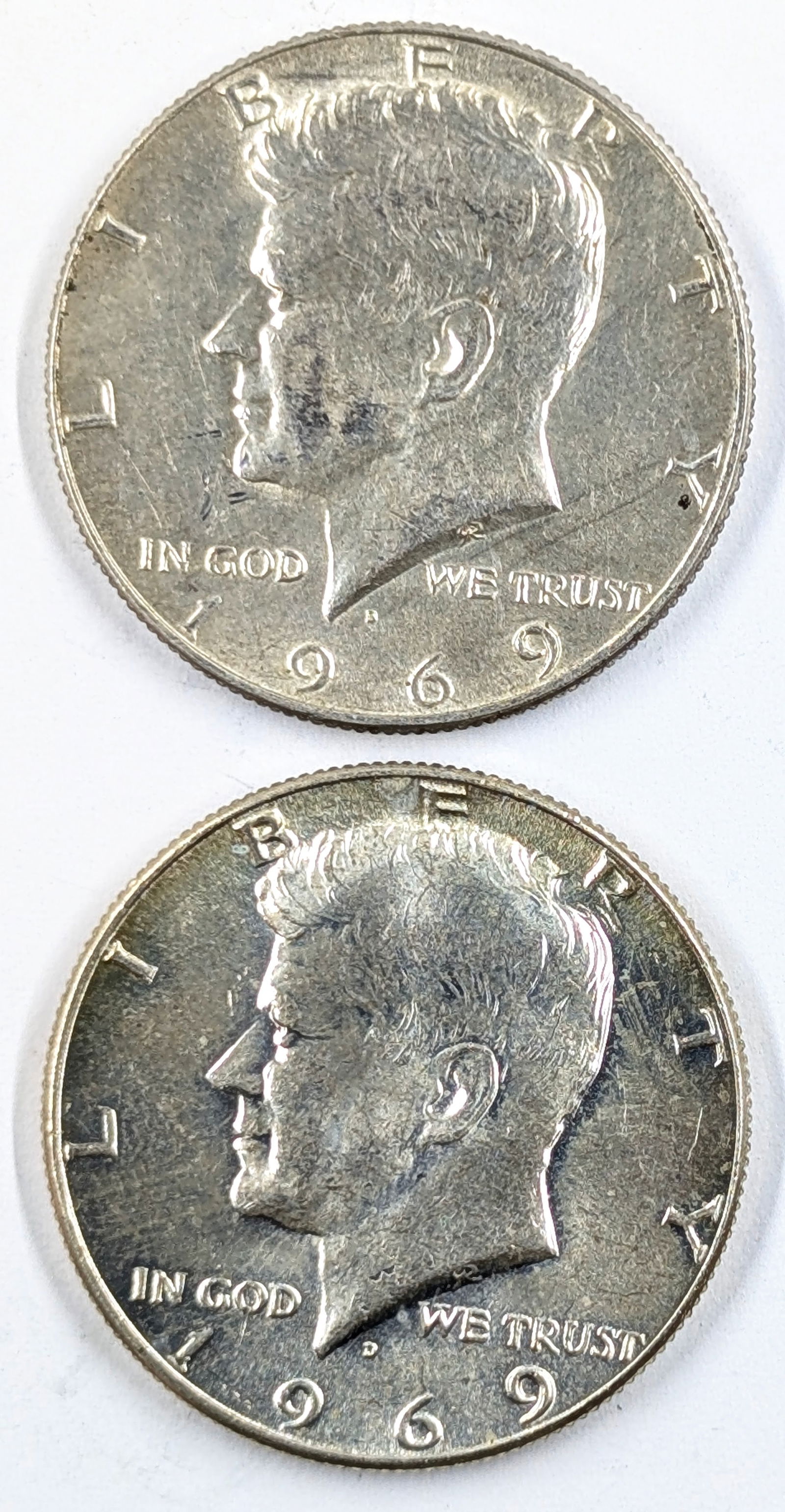 Lot of 2 Silver John F Kennedy Half Dollars - Both 1969-D (1 of 2)