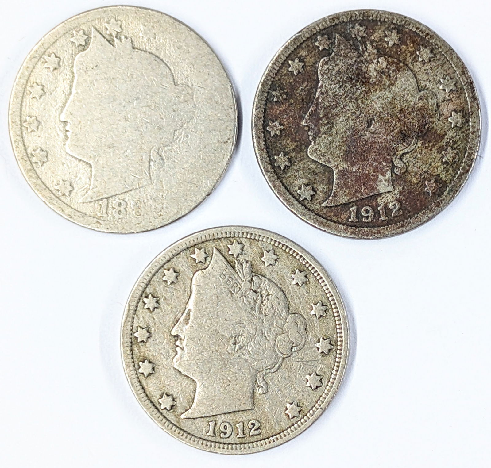 Lot of 3 Liberty V Nickel- Partial Date, 1912 (1 of 2)