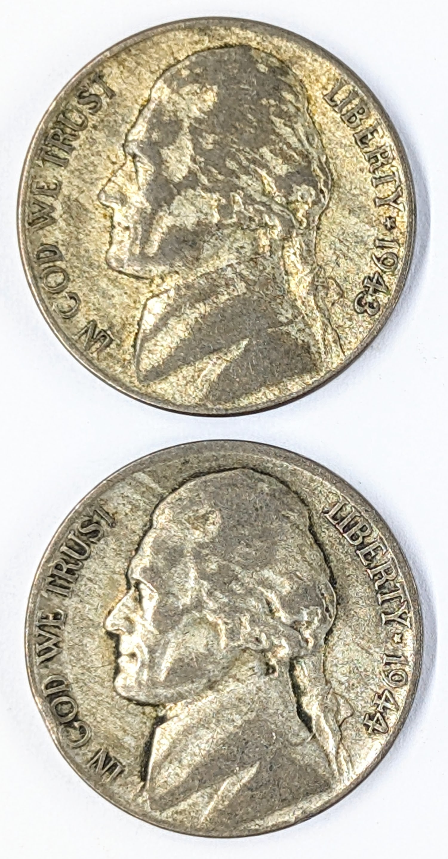 Lot of 2 Silver War Nickels -1943, 1944- 35% Silver (1 of 2)