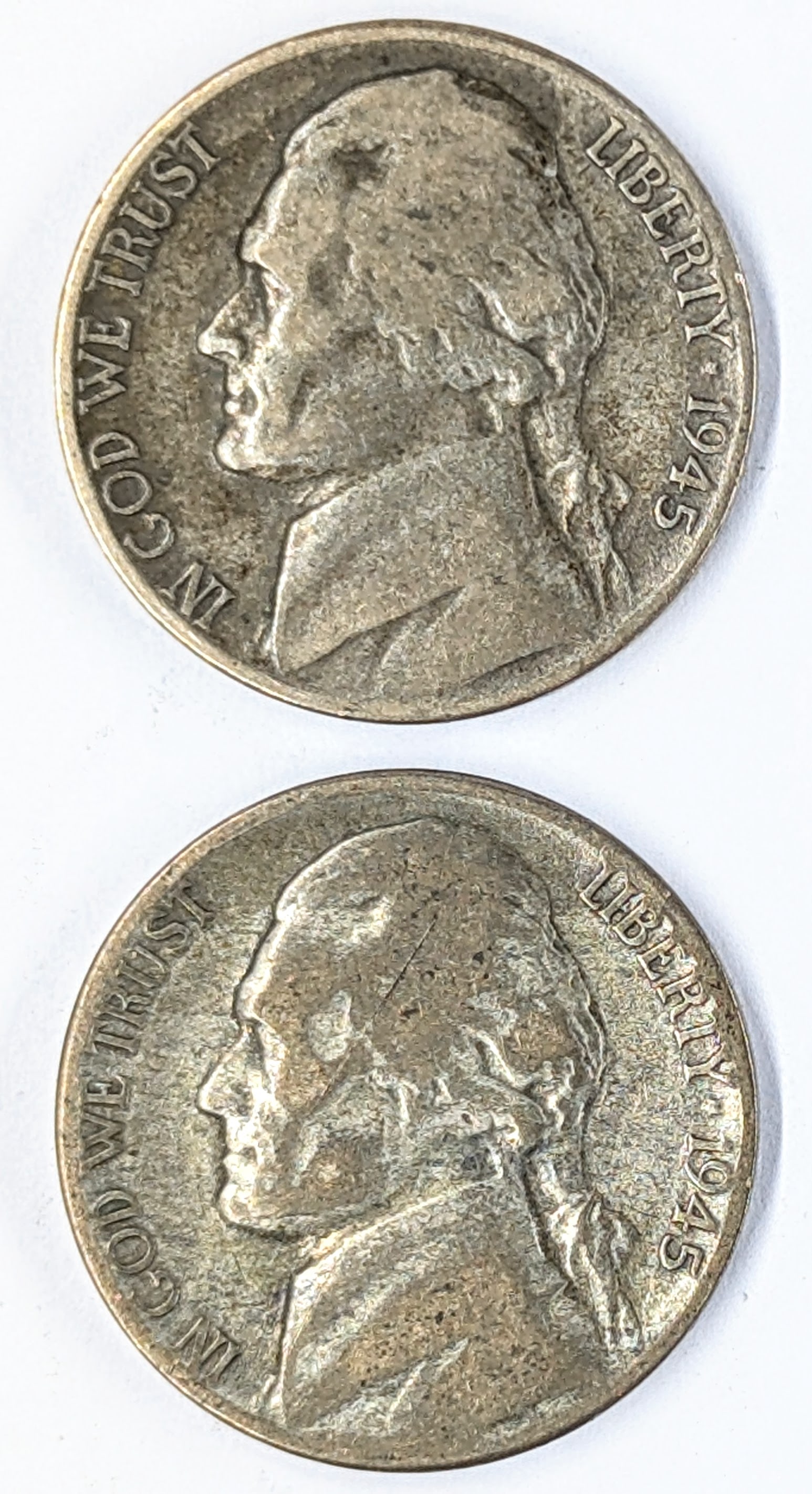 Lot of 2 Silver War Nickels - Both 1945-S- 35% Silver (1 of 2)