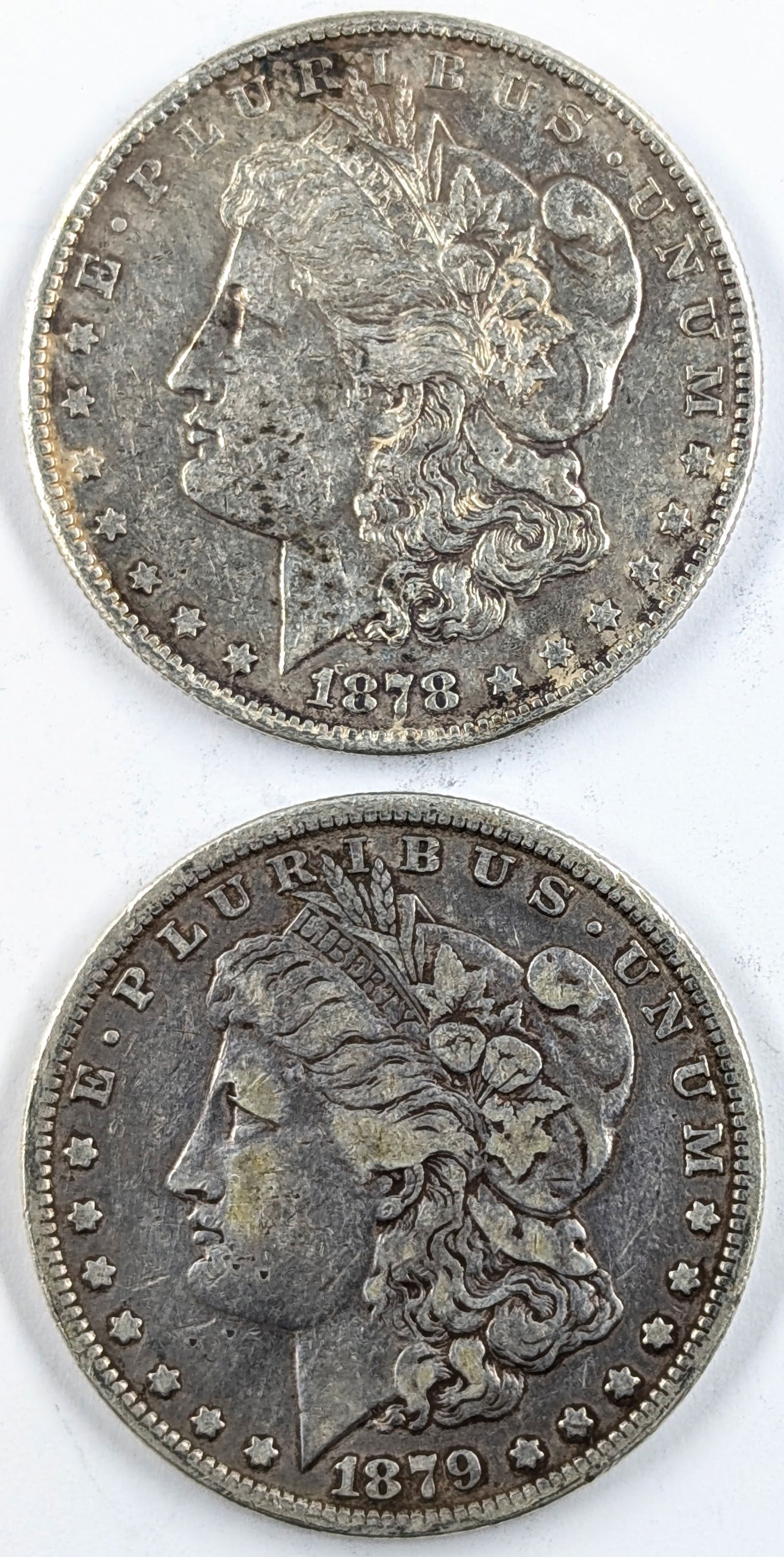Lot of 2 Morgan Silver Dollar- 1878-S, 1879 (1 of 2)