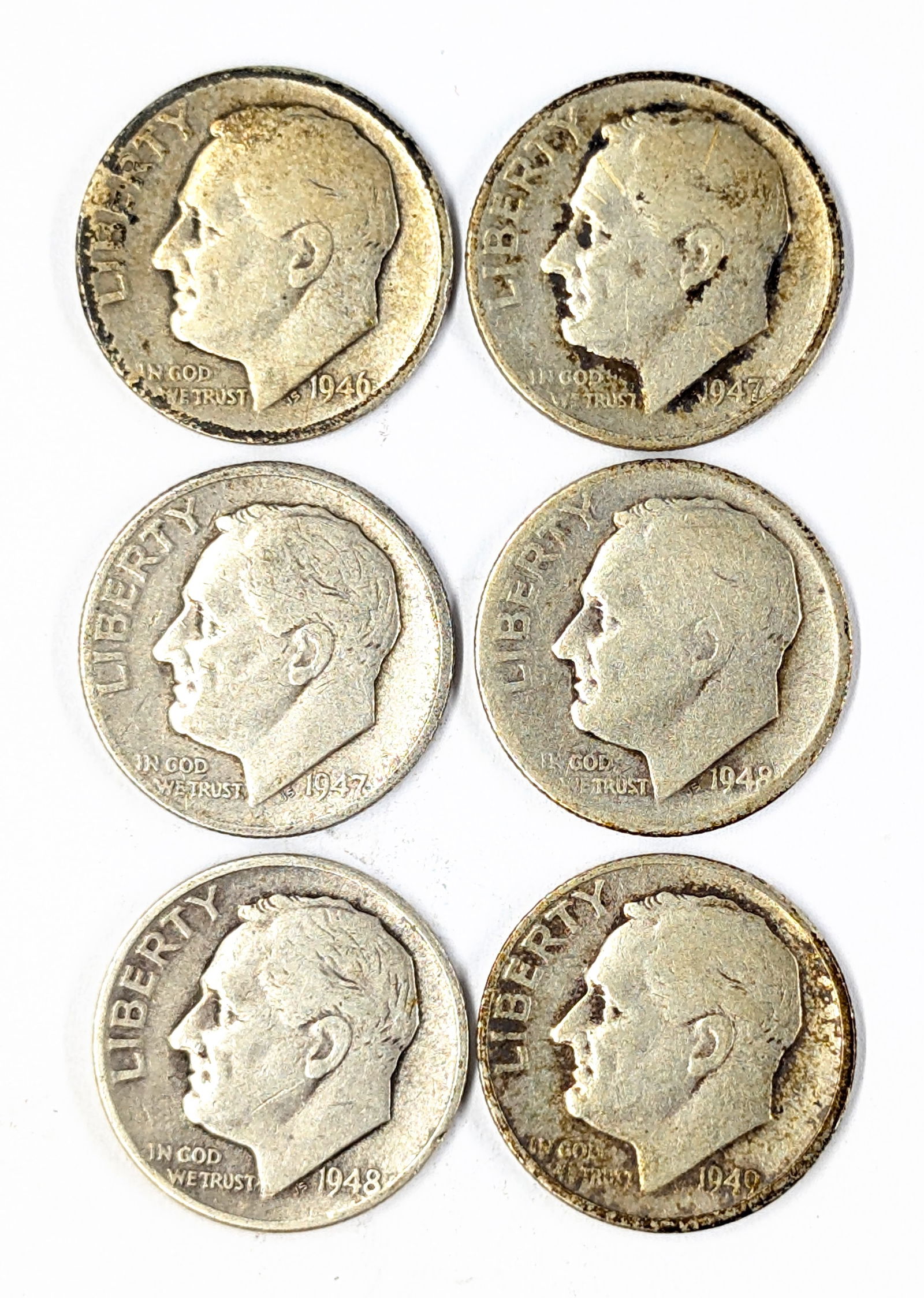 Lot of 6 Silver Roosevelt Dimes- 1946-1949 (1 of 2)