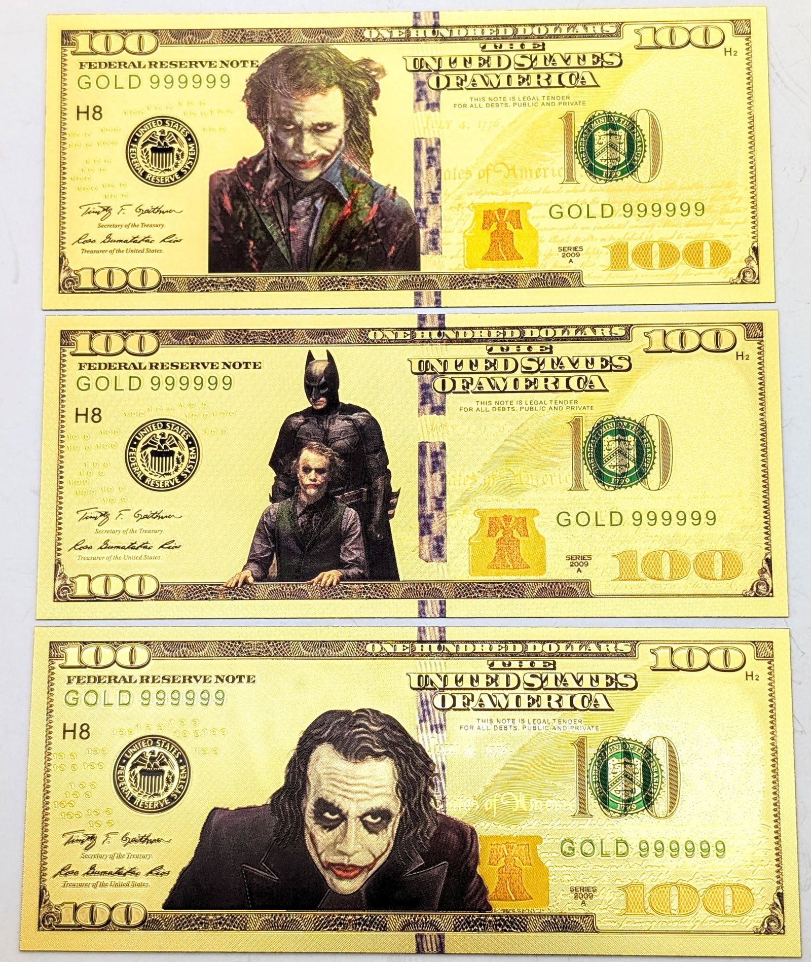 Lot of 3 Batman and Joker Gold foil $100 design (1 of 2)
