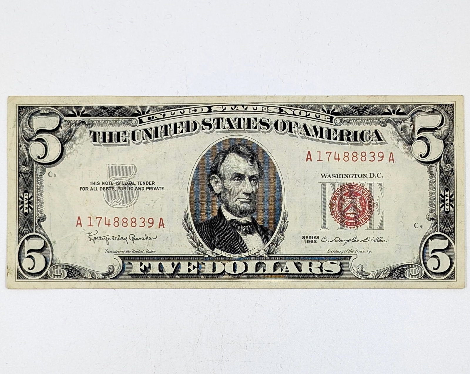 1963 $5 Note - Red Seal- 3 Digit Repeater- 17488839 (1 of 2)
