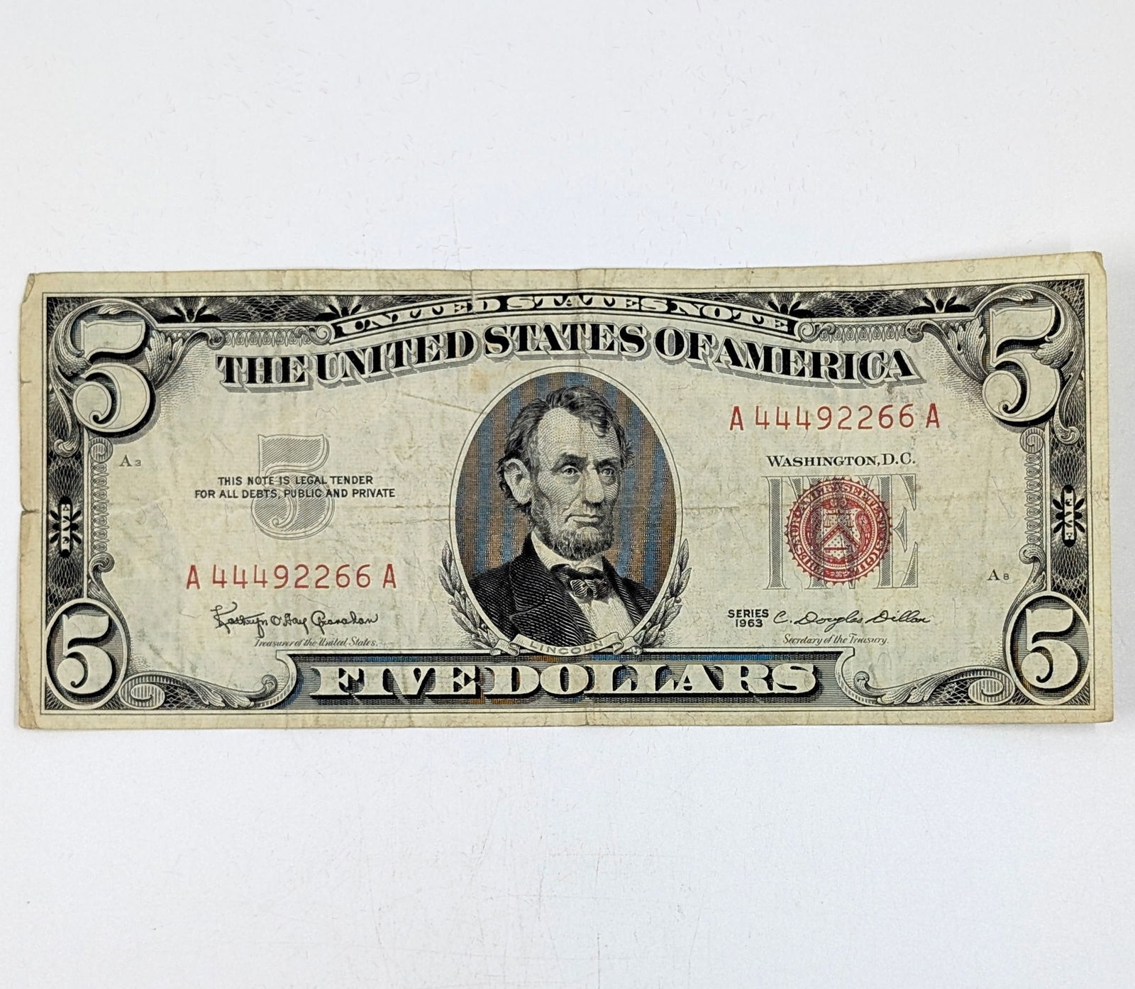 1963 $5 Note - Red Seal- Digit Repeater- 44492266 (1 of 2)