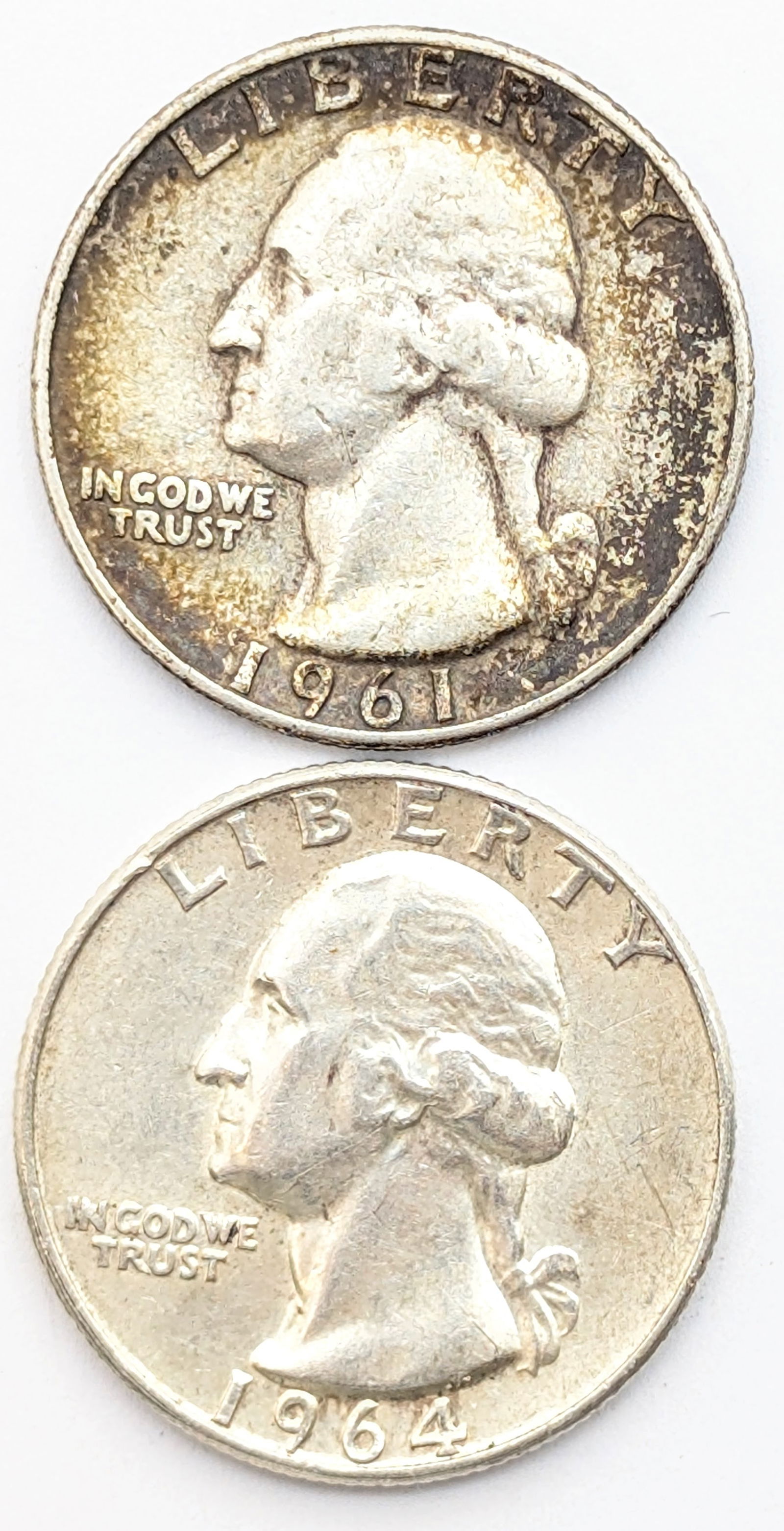 Lot of 2 Silver Washington Quarters- 1961-D, 1964 (1 of 2)