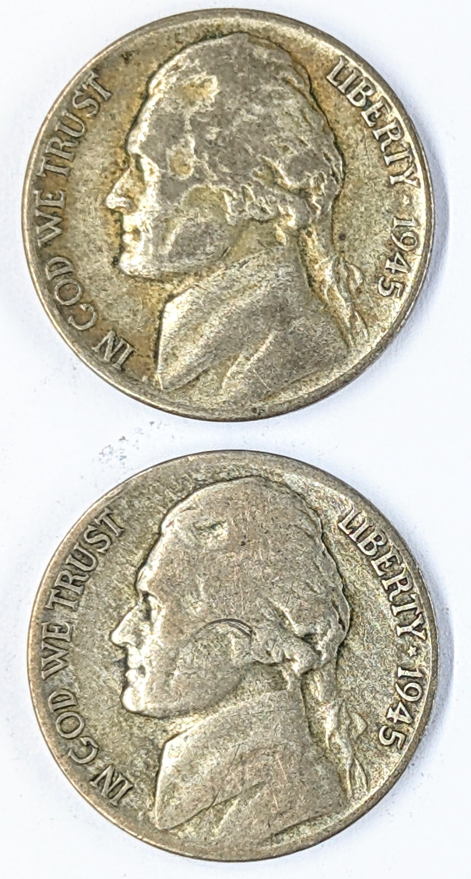 Lot of 2 Silver War Nickels -1945-S- 35% Silver (1 of 2)