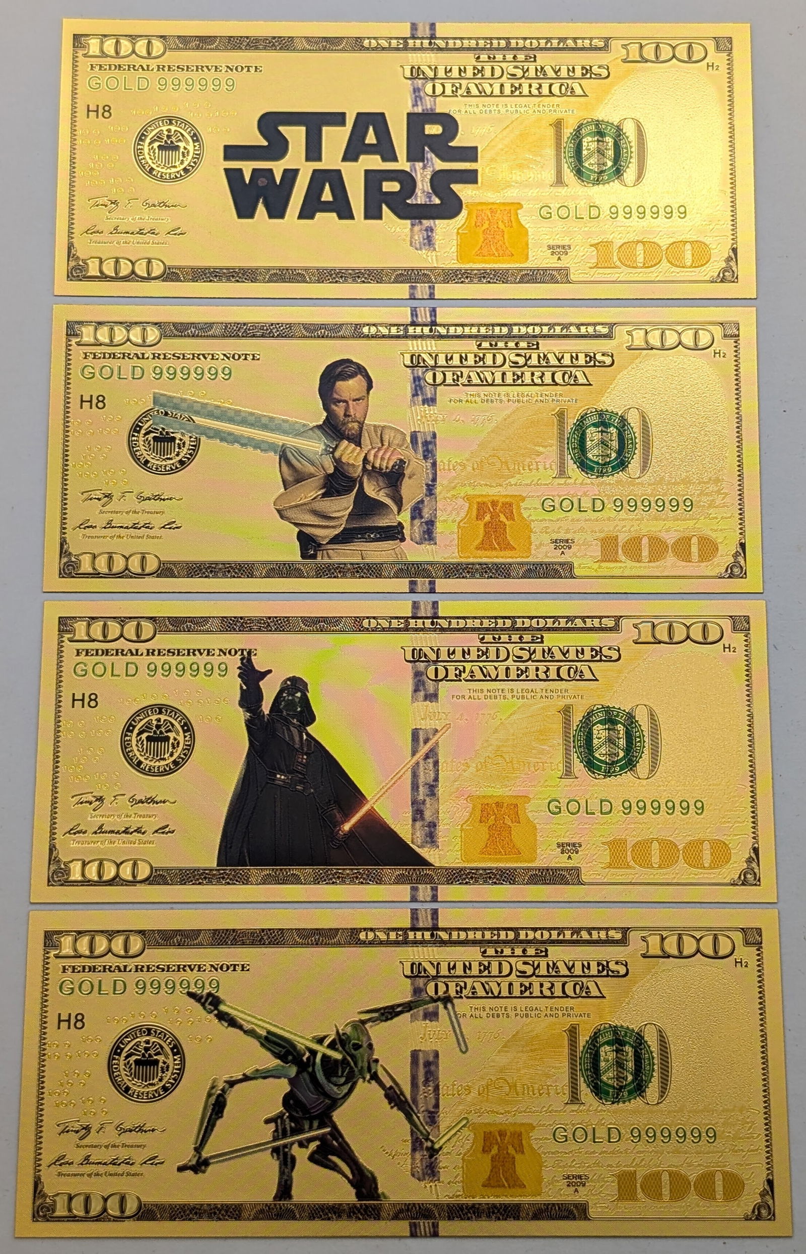 Lot of 4 Star Wars Gold foil $100 design (1 of 2)