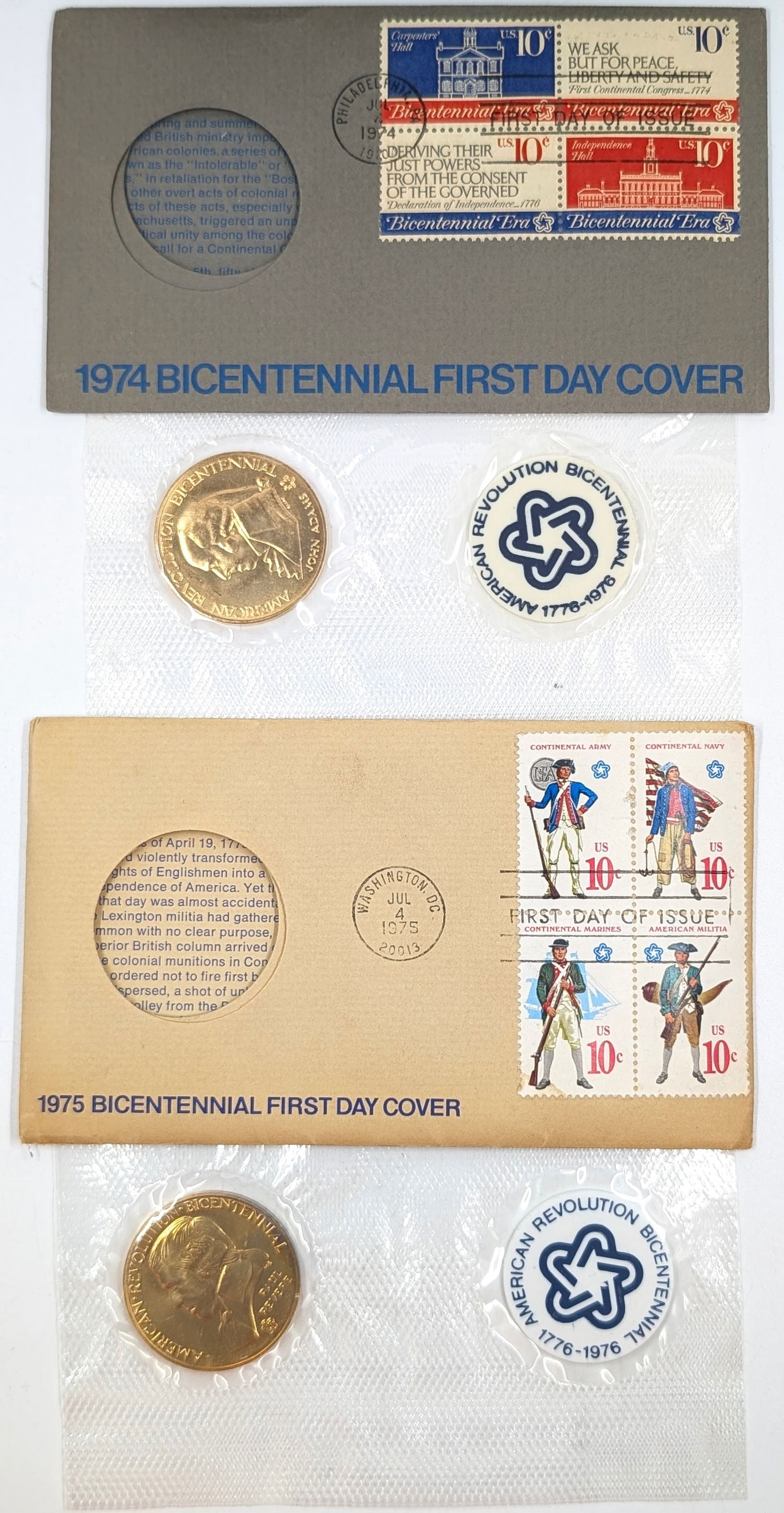 Lot of 2 American Revolution Bicentennial Commemorative Medal & Stamp- 1974,1975 (1 of 2)