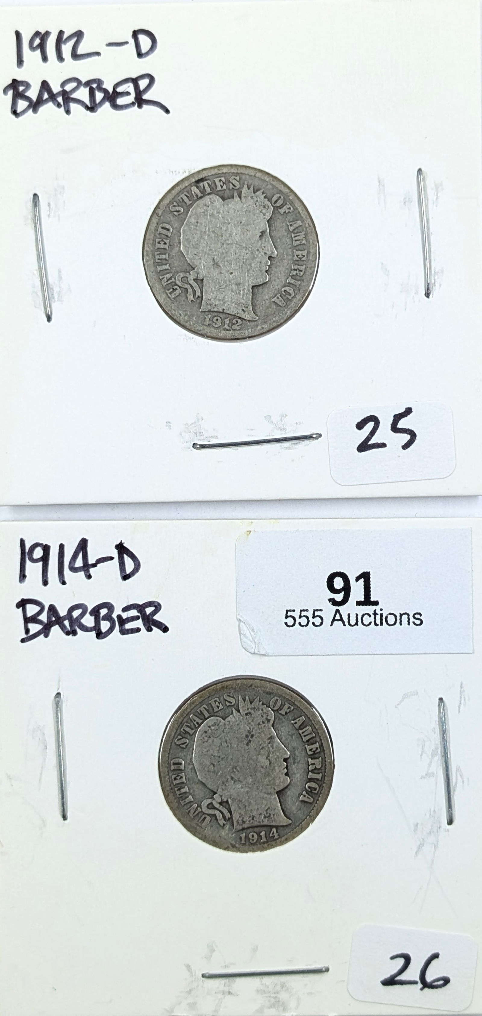 Lot of 2 Silver Barber Dimes - 1912-D, 1914-D (1 of 2)