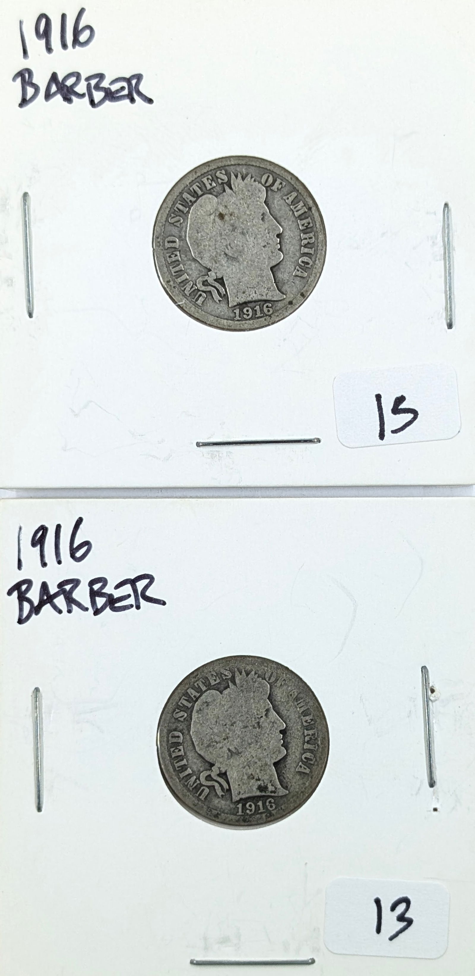 Lot of 2 Silver Barber Dimes - Both 1916 (1 of 2)