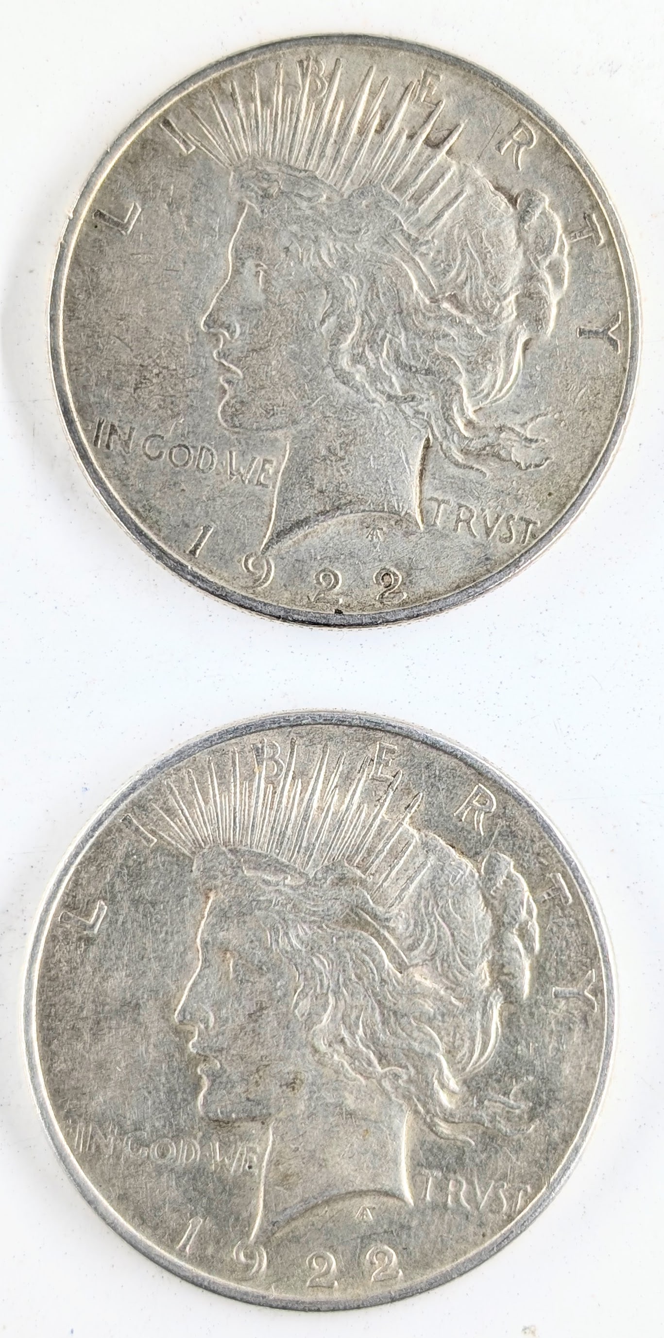 Lot of 2 Silver Peace Dollars - Both 1922 (1 of 2)
