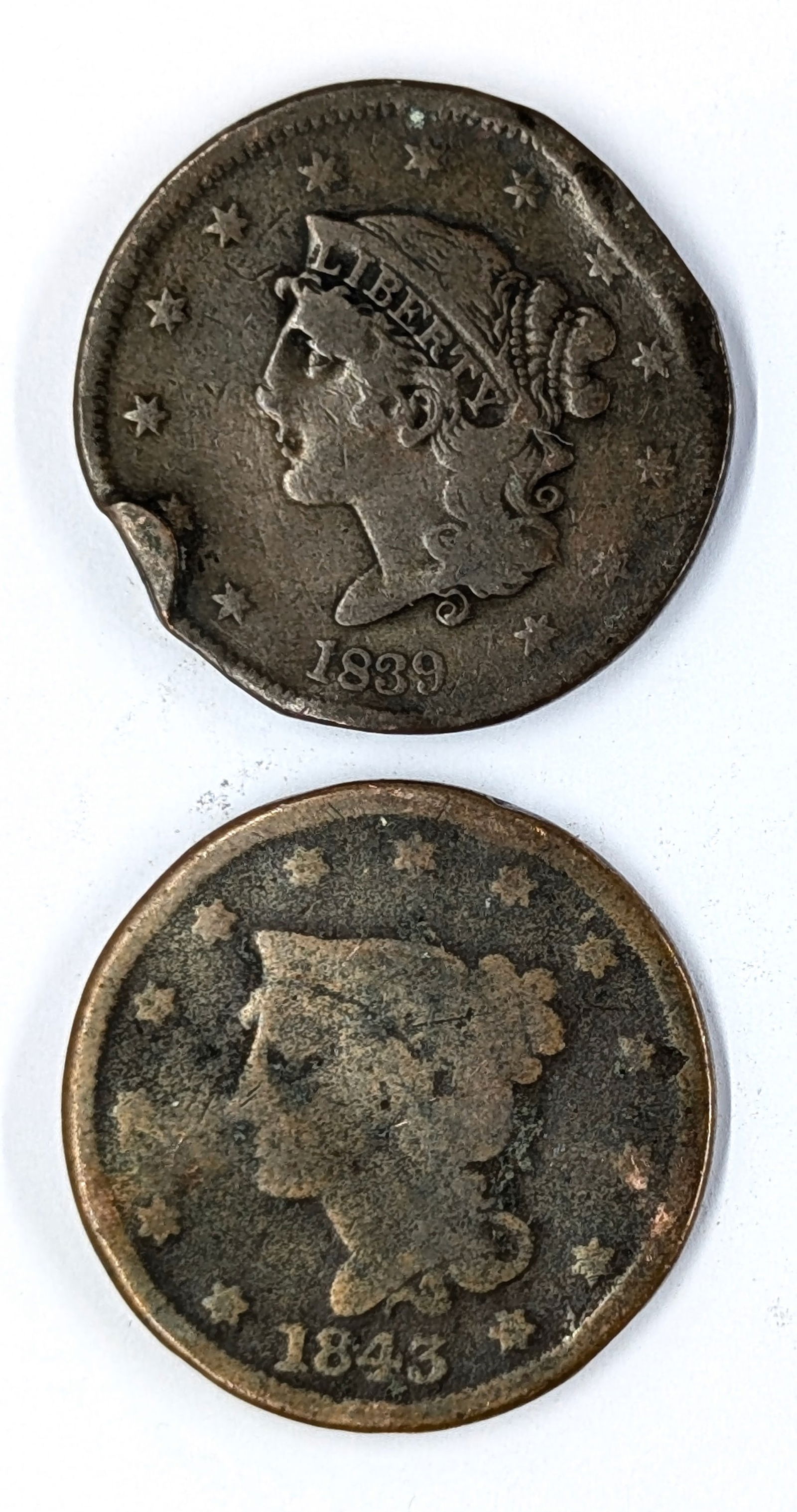 Lot of 2 Large Cents - 1839, 1843 (1 of 2)